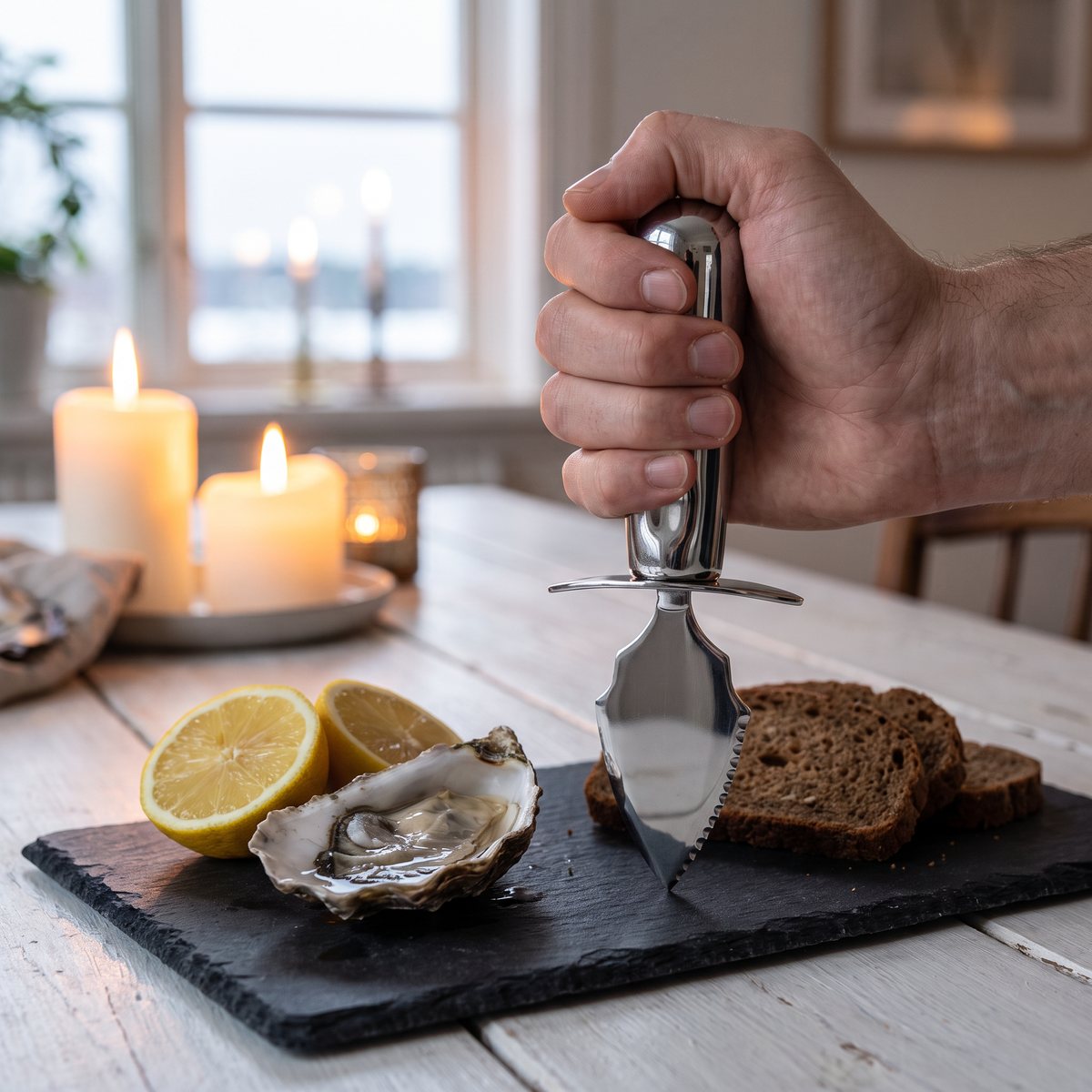 Masterclass ostronkniv med bred säkerhetssköld och tandad egg bredvid ett ostron på en skiffersked i ett svenskt hem