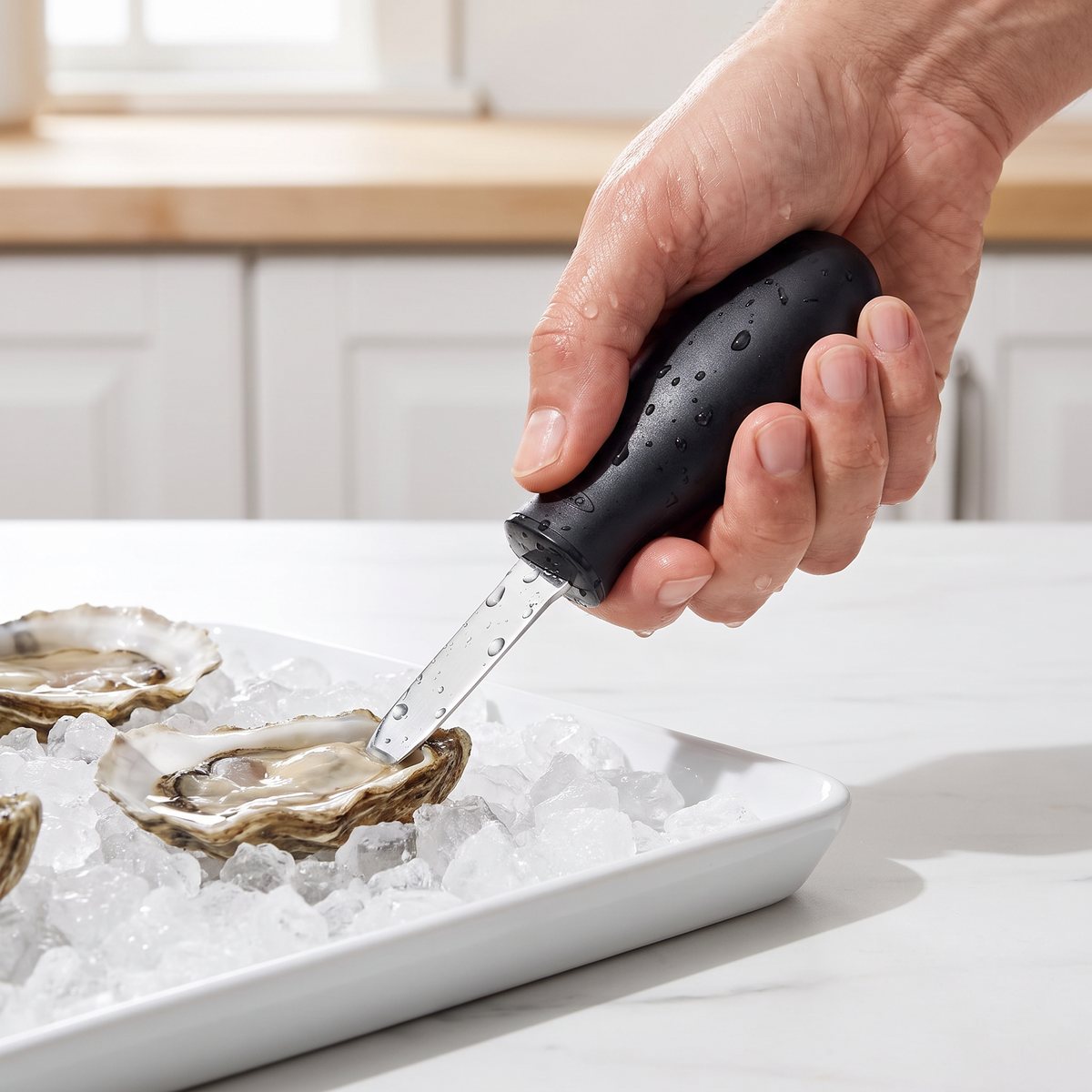 Oxo ostronkniv med svart halkfritt handtag i en blöt hand som öppnar ett ostron på is i ett svenskt kök