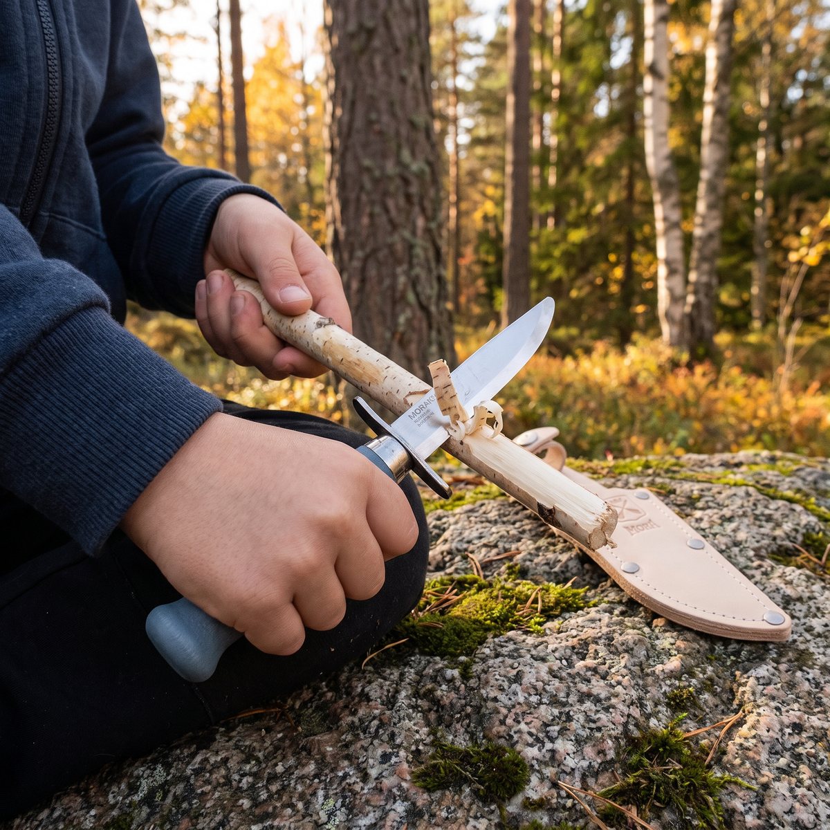 Barn som tälgjer med Morakniv Scout 39 Safe på en granithäll i svensk skog