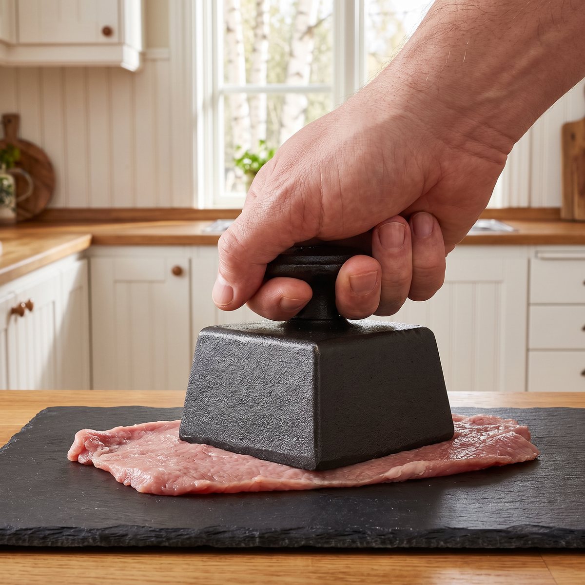 Hand pressar en biffbultare i gjutjärn mot en tunn kalvschnitzel på en skiffertavla i ett svenskt lanthemskök