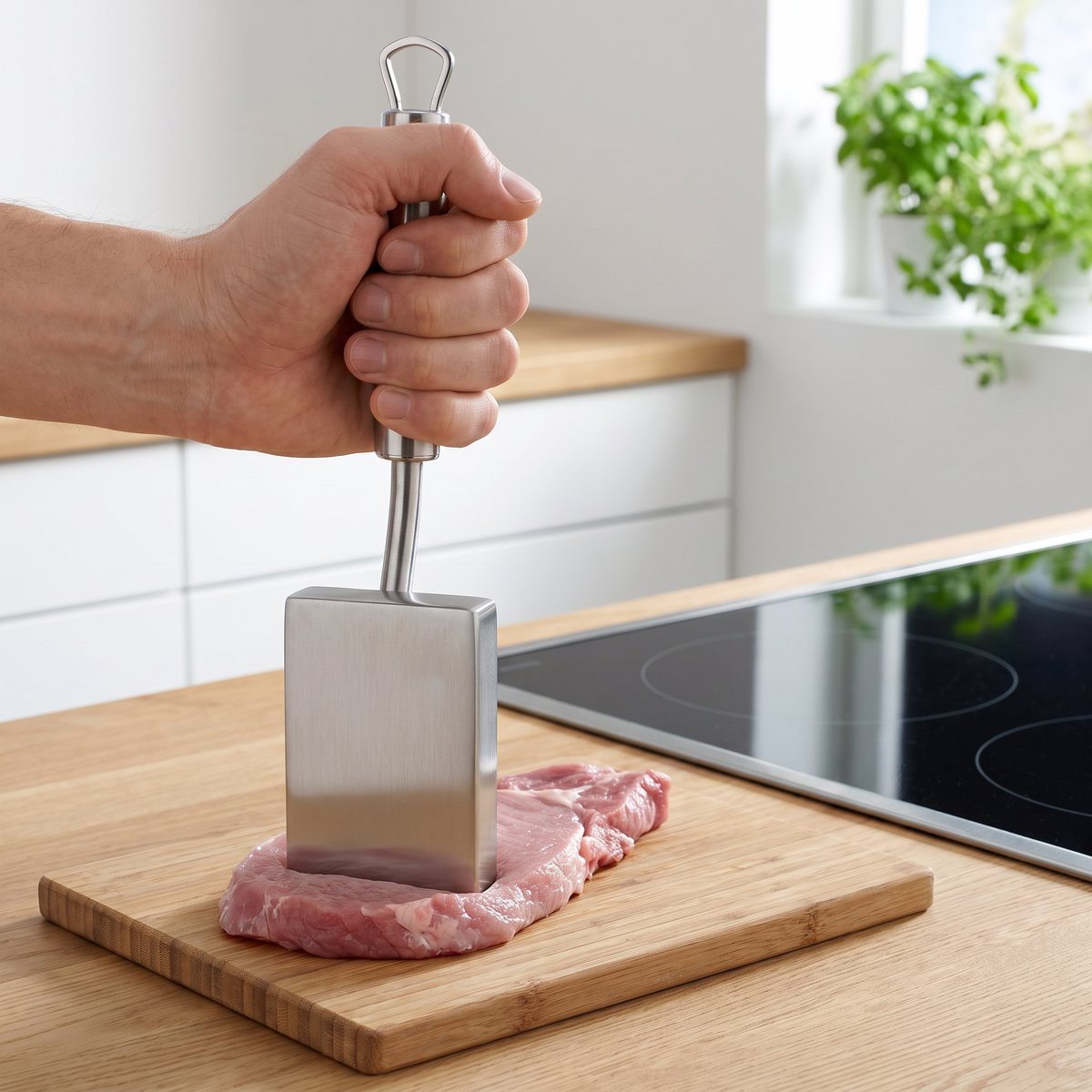 Rektangulär köttbankare i borstat stål plattar en fläskfilé på en träbräda i ett svenskt kök