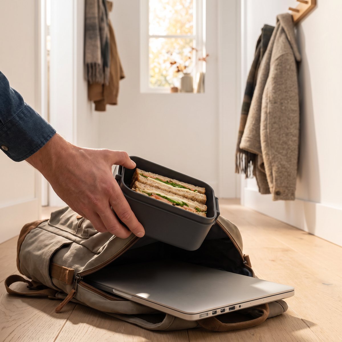 Hand lägger en mörkgrå Brabantia Make & Take-matlåda med smörgåsar i en ryggsäck bredvid en dator i en svensk hall