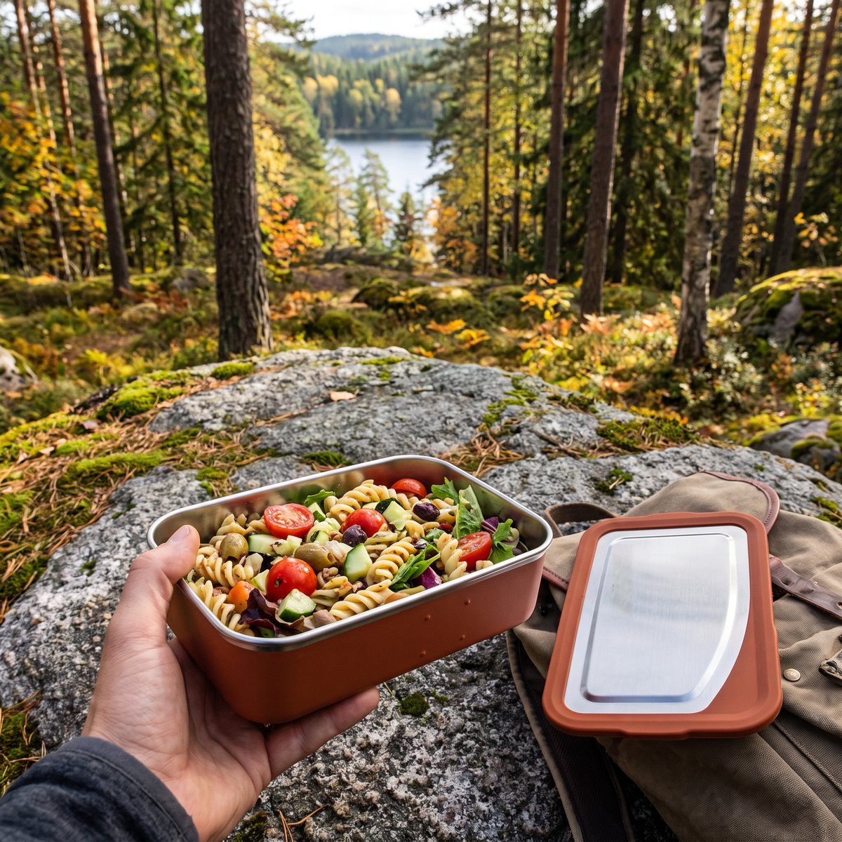 Öppen Klean Kanteen-matlåda i rostfritt stål med pastasallad i handen på en granithäll i en svensk höstskog, stållocket med silikonkant bredvid på ryggsäcken