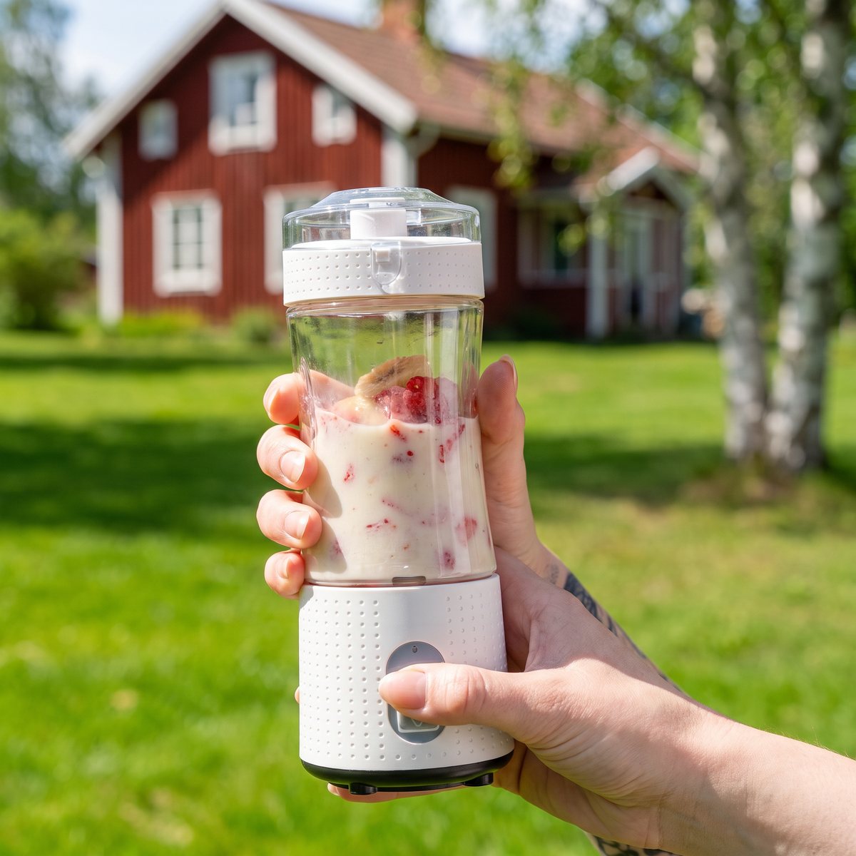 KitchPro portabel smoothie-blender i en hand på en grön gräsmatta framför ett rött trähus och björkar
