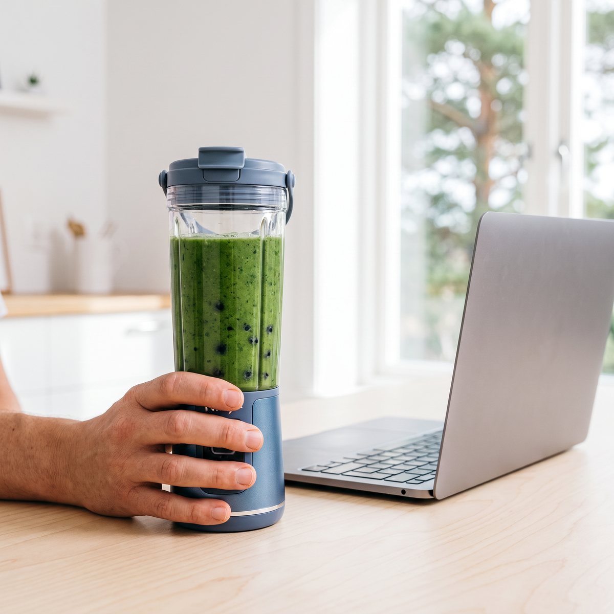 Ninja Blast med grön smoothie på ett skrivbord bredvid en laptop i ett ljust svenskt hemmakontor