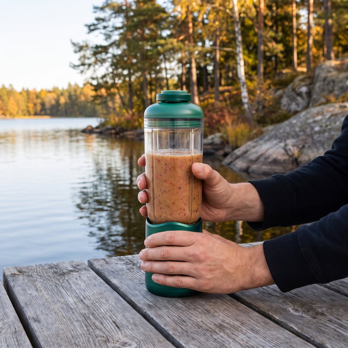 Nutribullet Flex med fruktsmoothie på en brygga vid en svensk sjö med tall, björk och granit