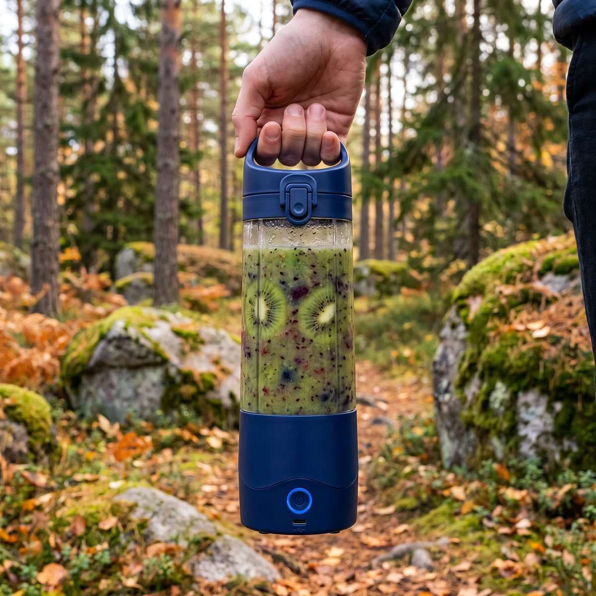 Nutribullet Portable med kiwismoothie buren i handtaget på en skogsstig i svensk höst