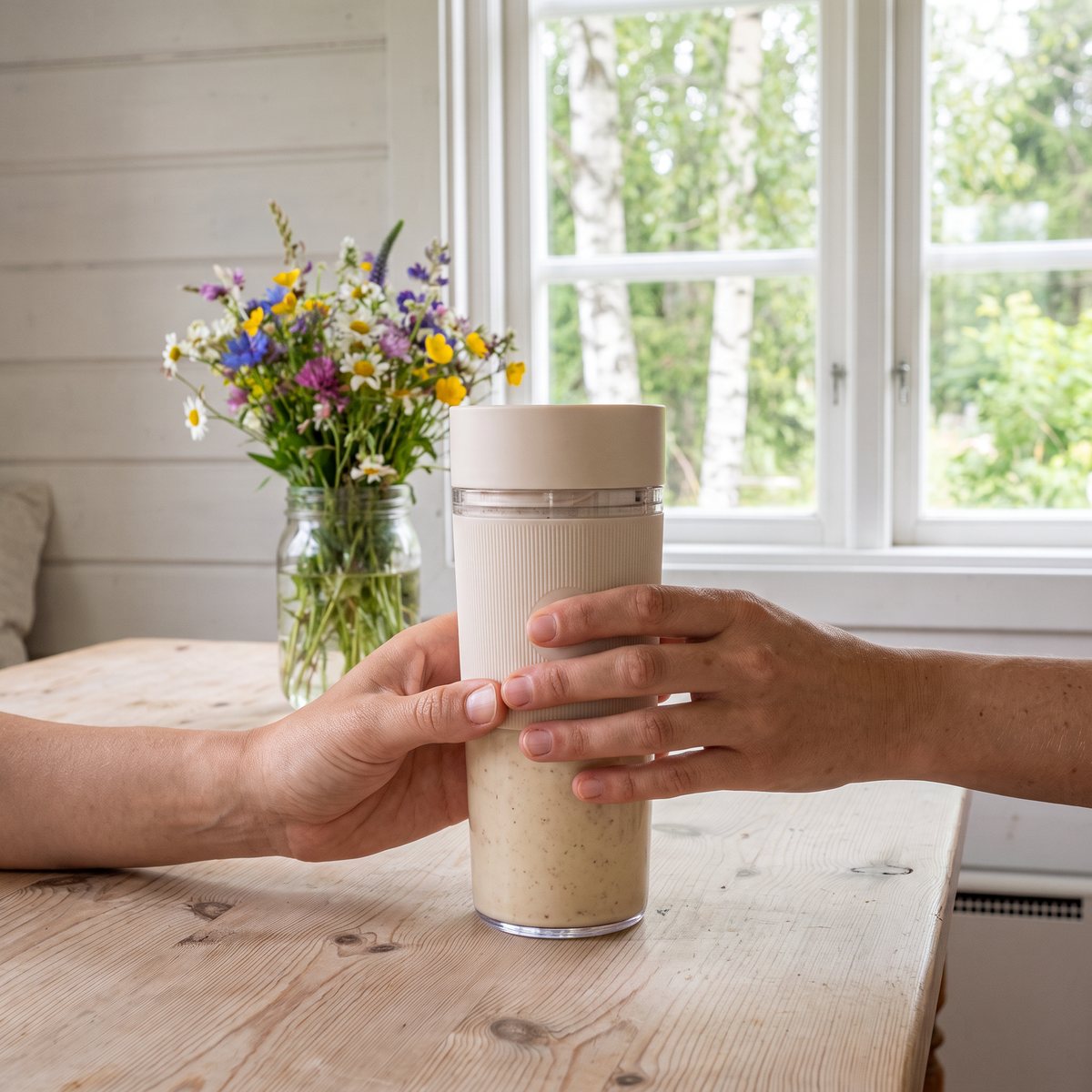 Wilfa Swift med havre- och bananshake på ett träbord i en svensk stuga med vildblommor