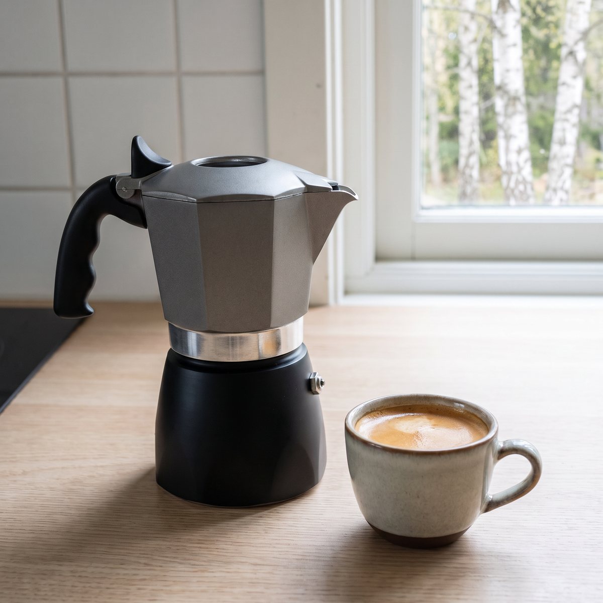Bialetti Brikka på en träbänk i ett svenskt kök bredvid en kopp espresso med crema