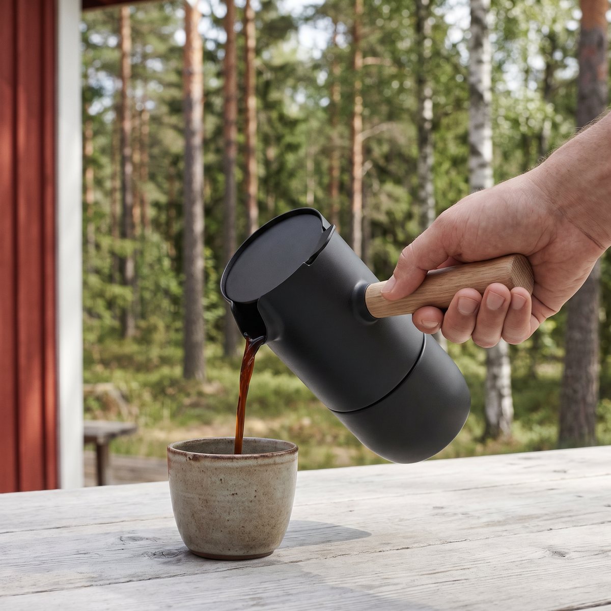 Stelton Collar espressobryggare som hälls upp på en veranda vid en svensk stuga