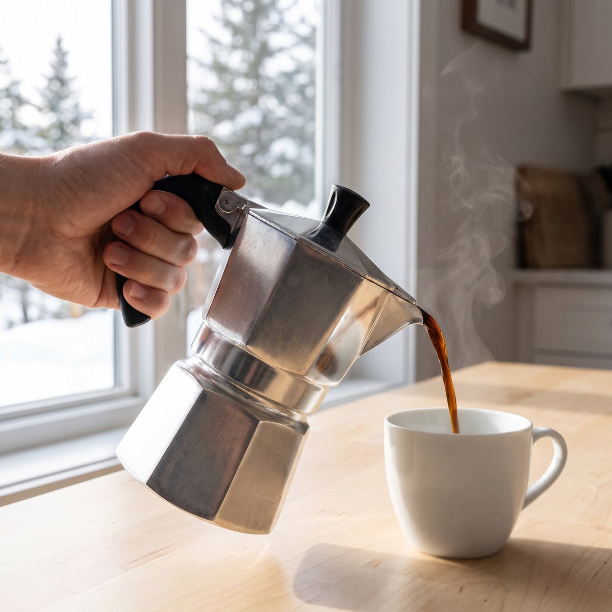 Bialetti Moka Express i aluminium som hälls upp i en kopp vid ett köksfönster i ett svenskt hem