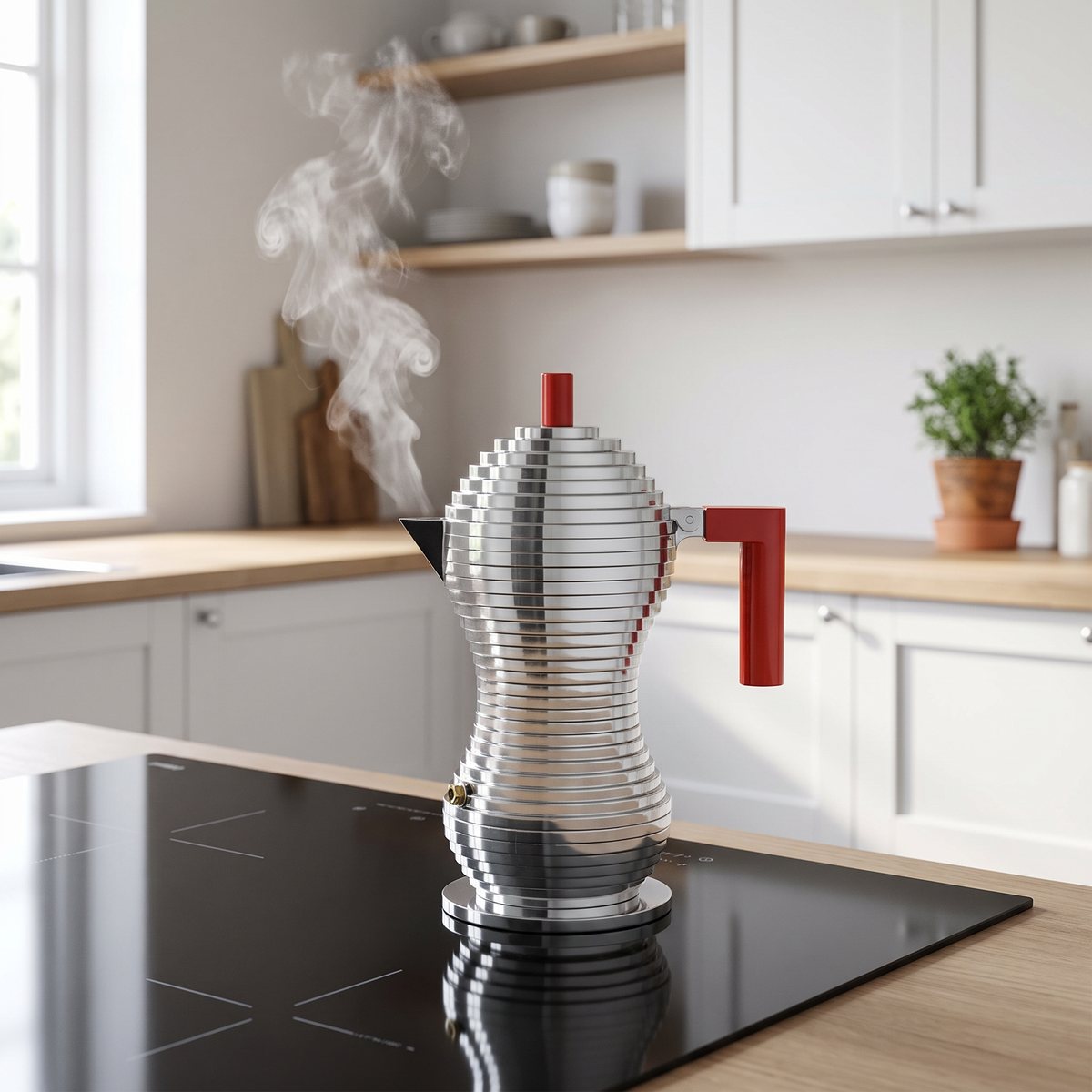 Alessi Pulcina på en induktionshäll i ett modernt svenskt kök