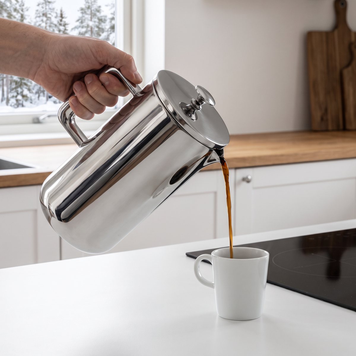 Blank Aarke kaffepress i rostfritt stål som häller kaffe i en vit mugg vid en induktionshäll i ett vitt svenskt kök