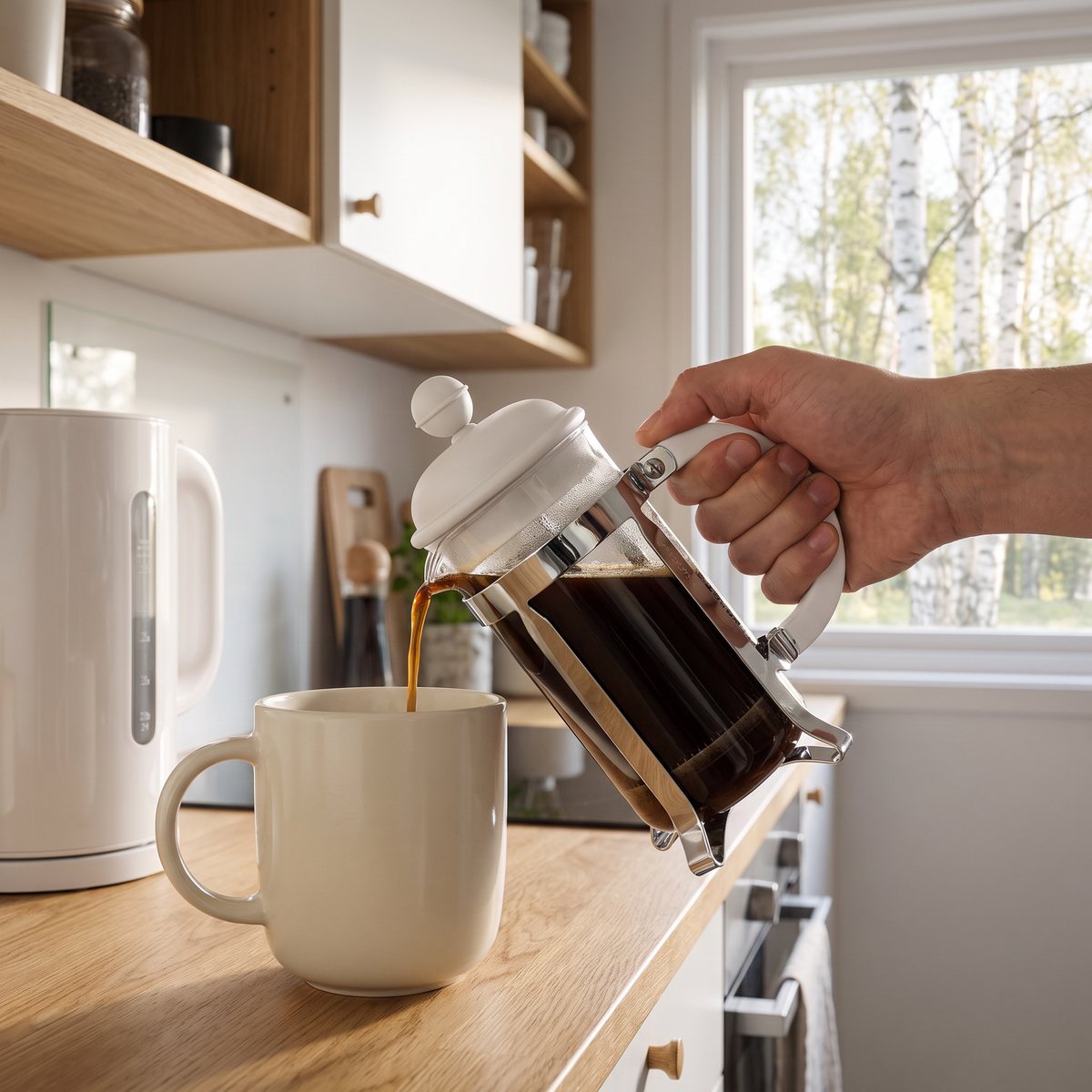 Liten Bodum Caffettiera presskanna med vitt lock och handtag som häller kaffe i en mugg i ett litet svenskt kök