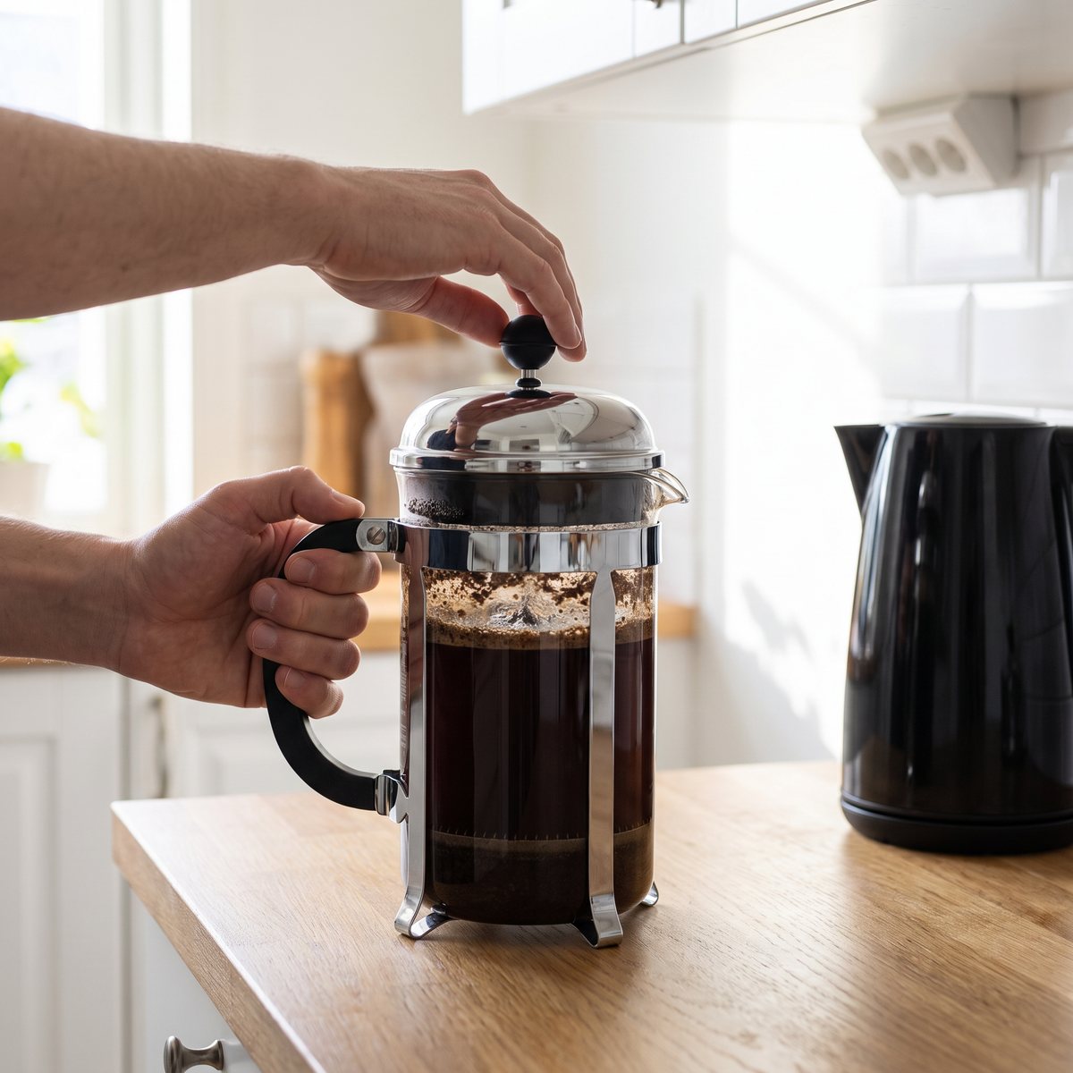 Bodum Chambord presskanna i glas där kaffet drar och kolven ska tryckas ned, på en köksbänk i trä bredvid en vattenkokare