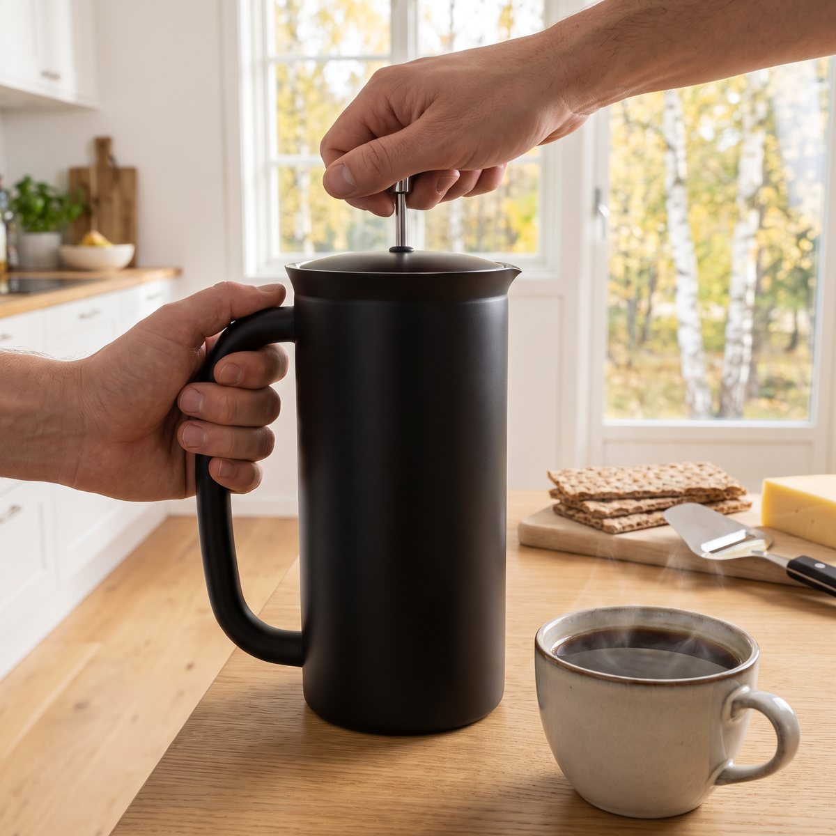Svart Espro P7 presskanna där kolven trycks ned på ett ekbord i ett ljust svenskt kök, med en kopp kaffe och knäckebröd bredvid
