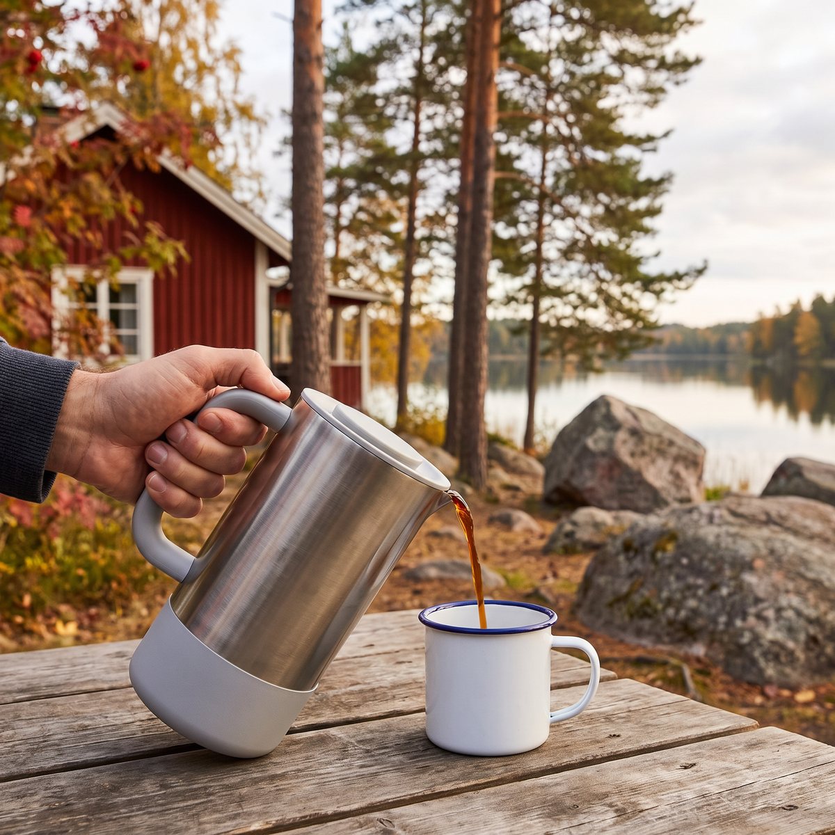 Hydro Flask presskanna i borstat stål som häller kaffe i en emaljmugg på ett träbord vid en sjö med tallar och röd stuga