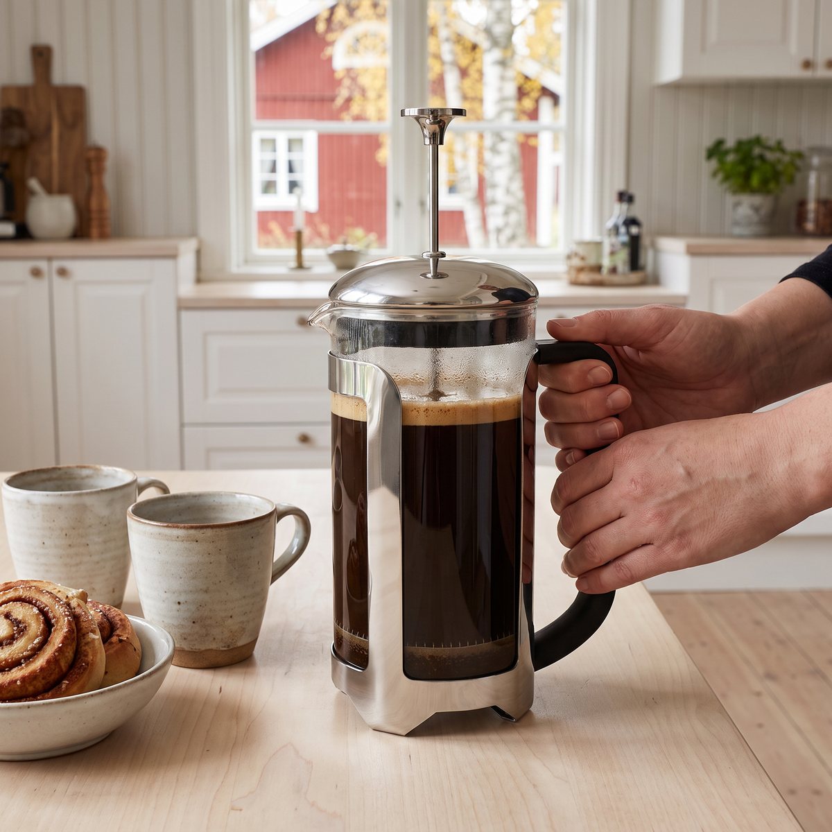 La Cafetière Roma presskanna i glas och blank stålram fylld med kaffe på ett köksbord med kaffekoppar och kanelbullar