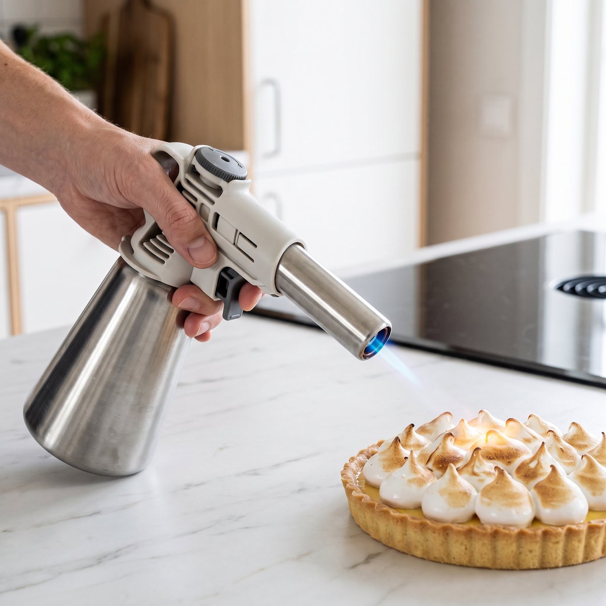 Culimat gasbrännare i rostfritt stål som bränner marängtoppar på en citronpaj i ett skandinaviskt kök