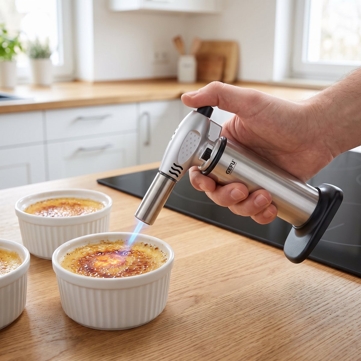 GEFU Fuego köksbrännare i borstad metall som bränner sockerlocket på crème brûlée i ett ljust svenskt kök med induktionshäll
