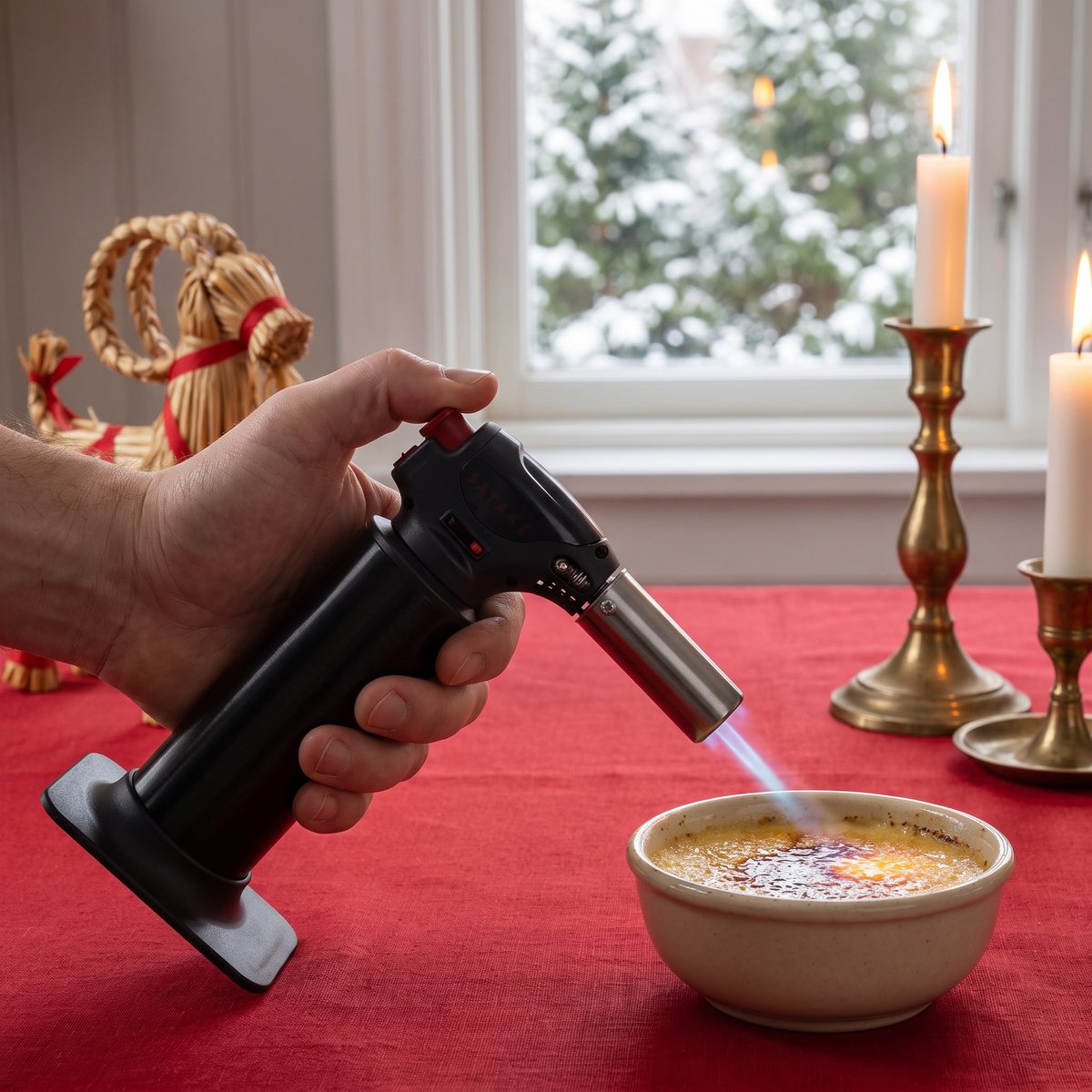 Satake Flame King i svart metall som bränner socker på vaniljkräm vid ett juldukat bord med ljus och halmbock