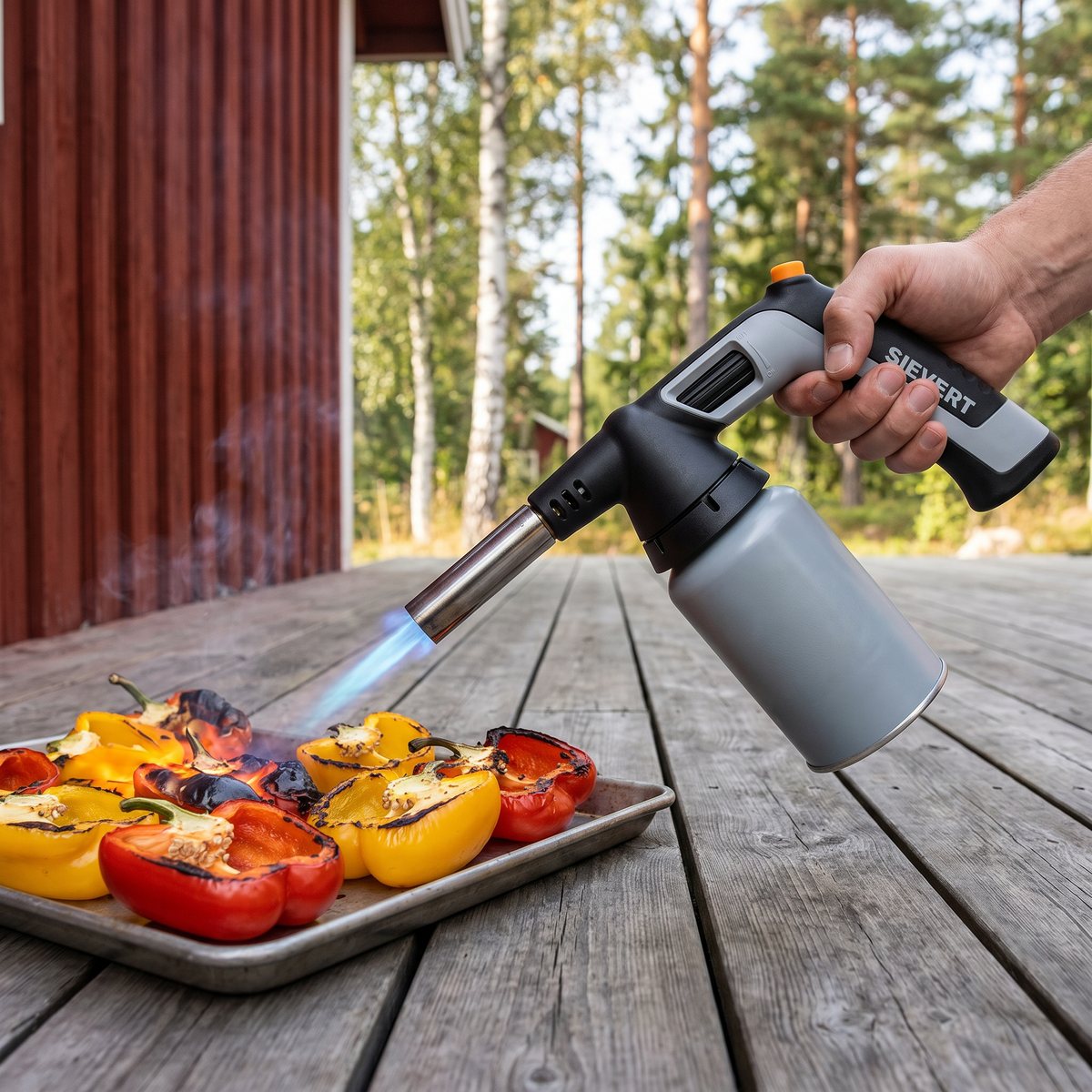 Sievert Handyjet med gaspatron som svartbränner kanterna på halverade paprikor på en altan med skog i bakgrunden