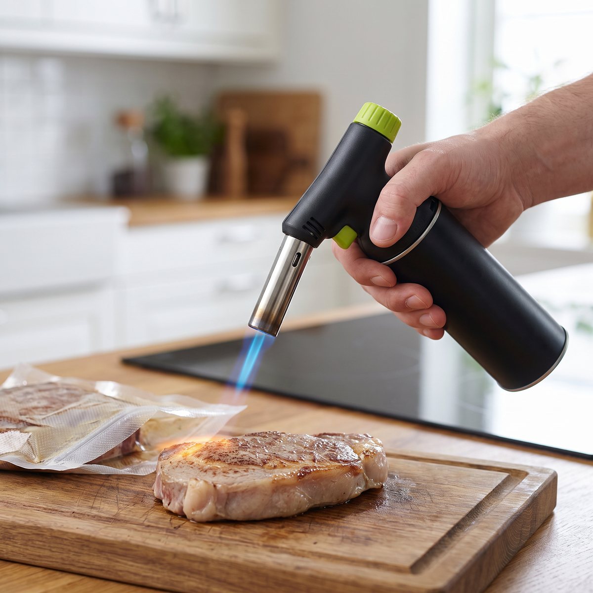 SousVideTools gasbrännare på butanburk som bryner en sous vide-tillagad biff på en skärbräda i ett svenskt kök