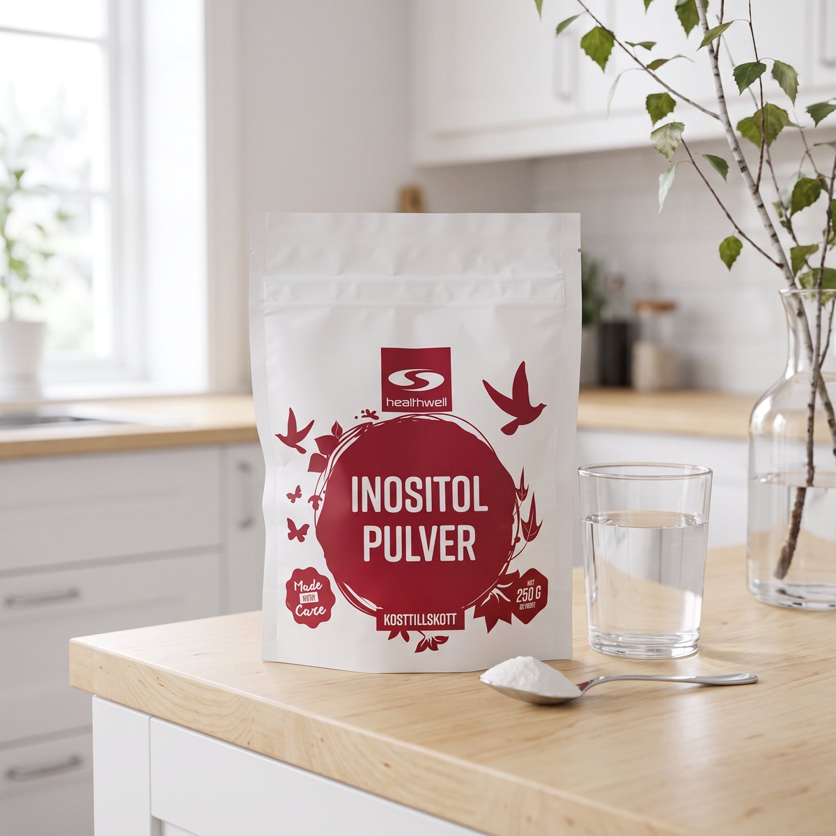 Healthwell Inositol Pulver i en påse på en björkträbänk i ett svenskt kök, med ett glas vatten och en sked pulver