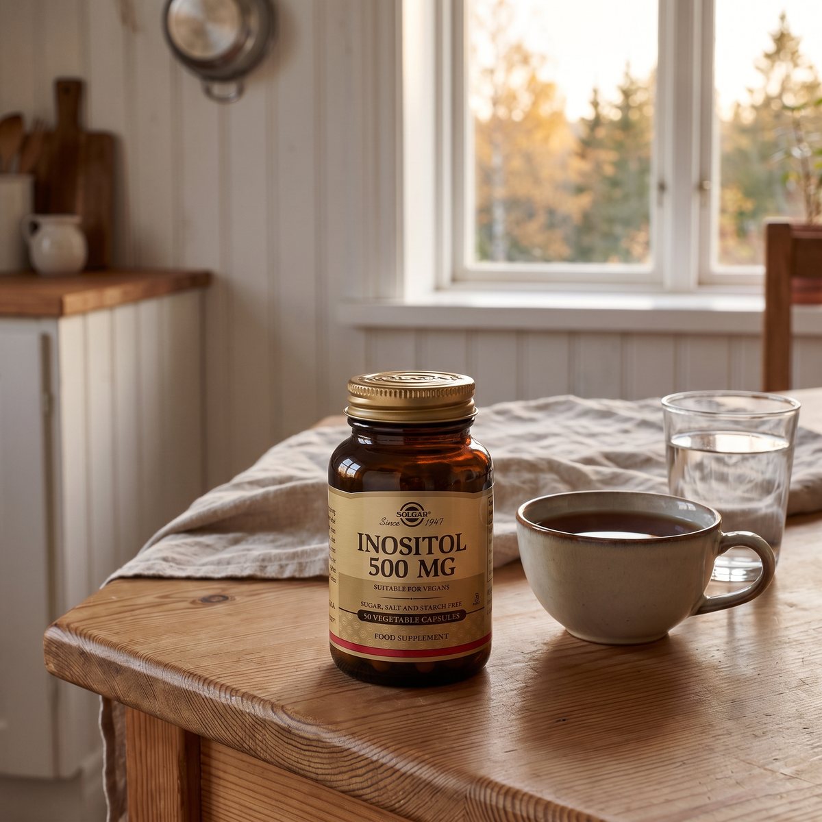 Solgar Inositol 500 mg i brun glasburk på ett furubord bredvid en kopp te i ett svenskt kök