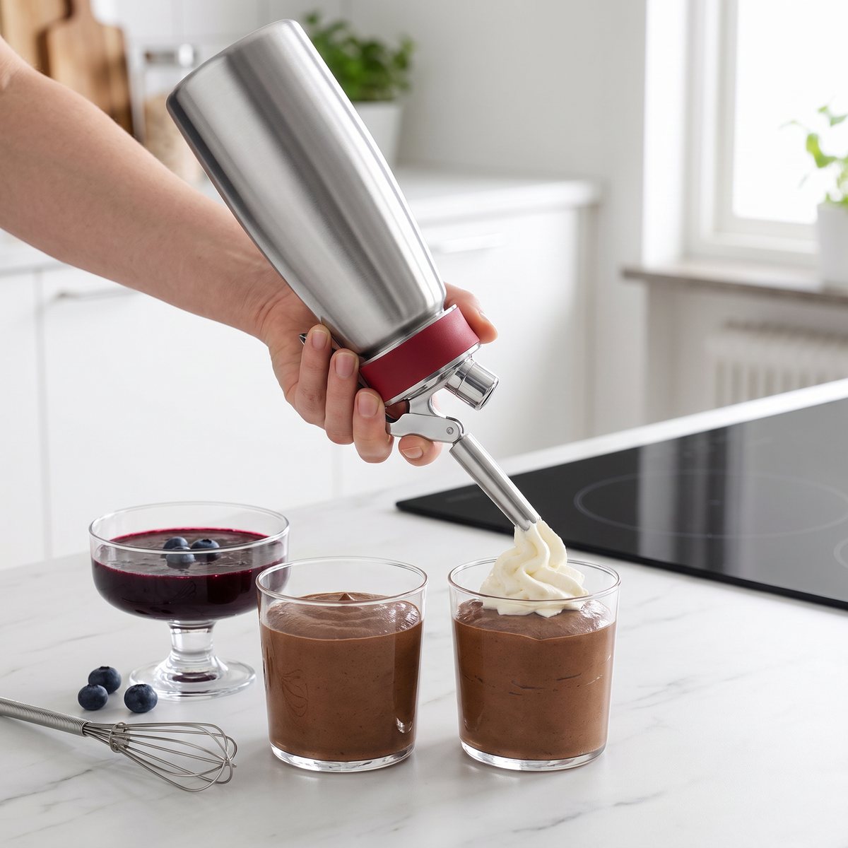 iSi Gourmet Whip Plus används för att toppa chokladmousse med grädde i ett svenskt kök