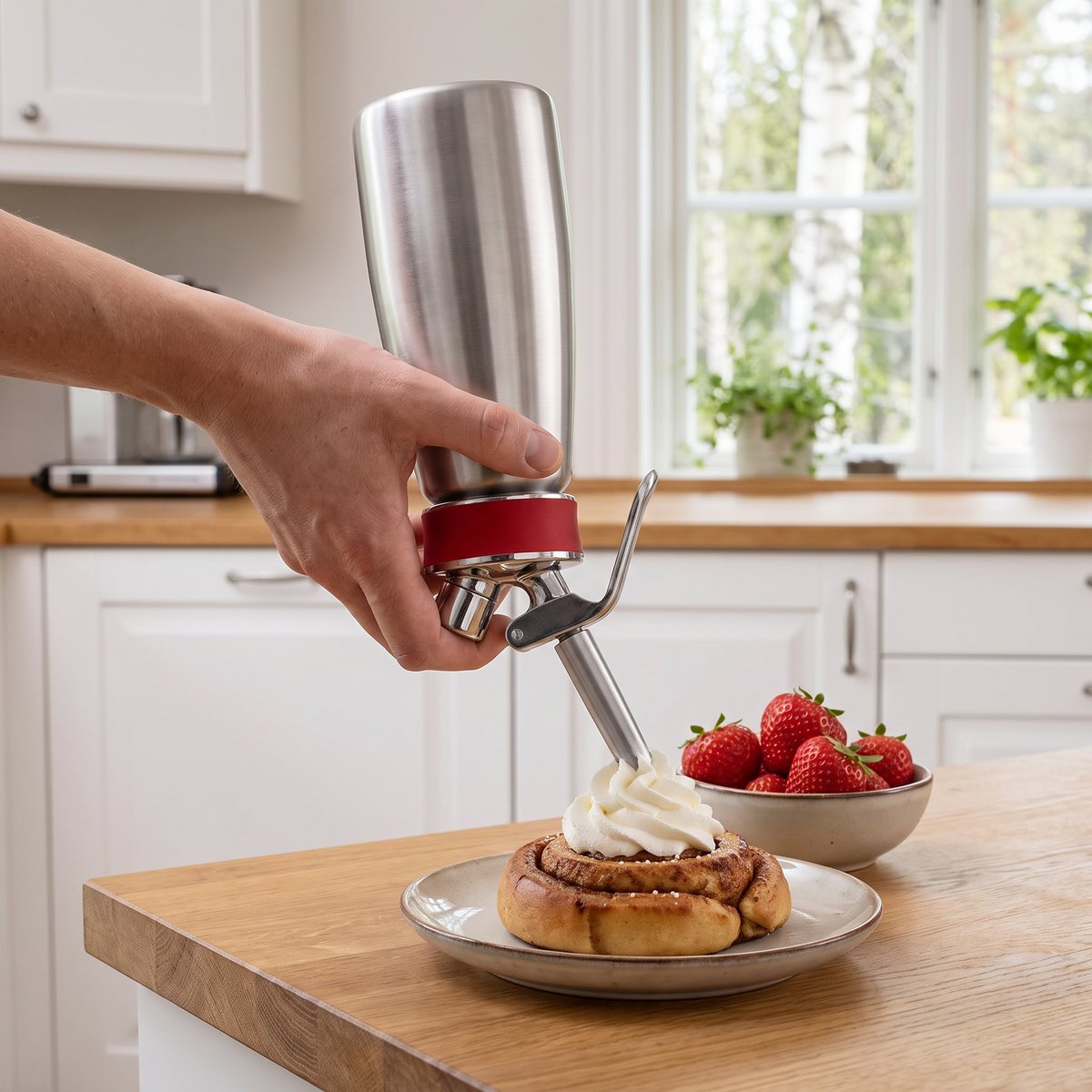 iSi Gourmet Whip i användning: grädde spritsas på en kanelbulle i ett svenskt kök
