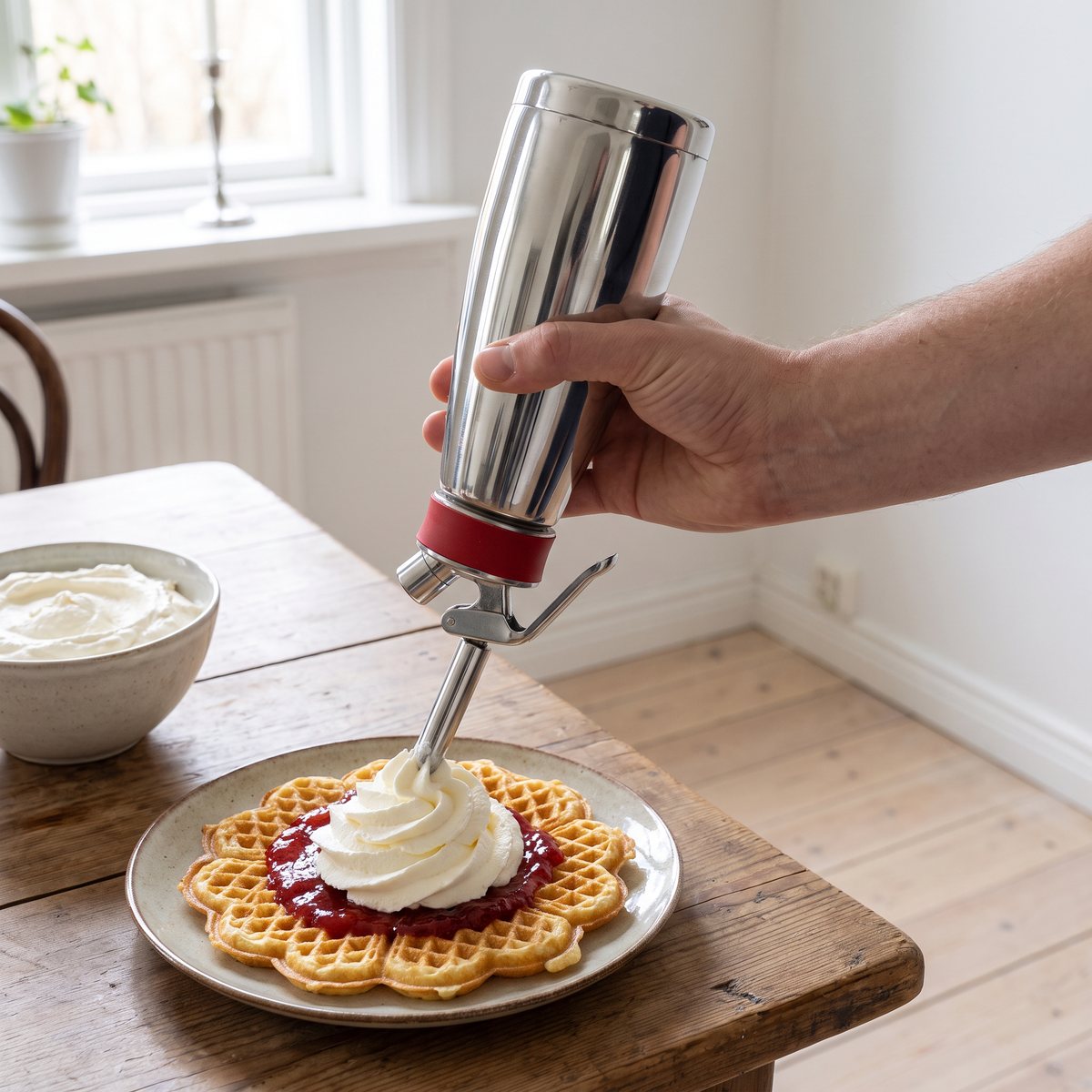 iSi Thermo Whip spritsar grädde på en våffla med sylt vid ett svenskt köksbord