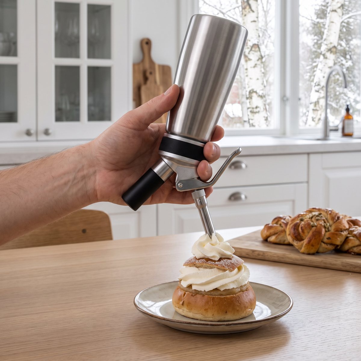 Mareld gräddsifon spritsar grädde på en semla i ett svenskt kök