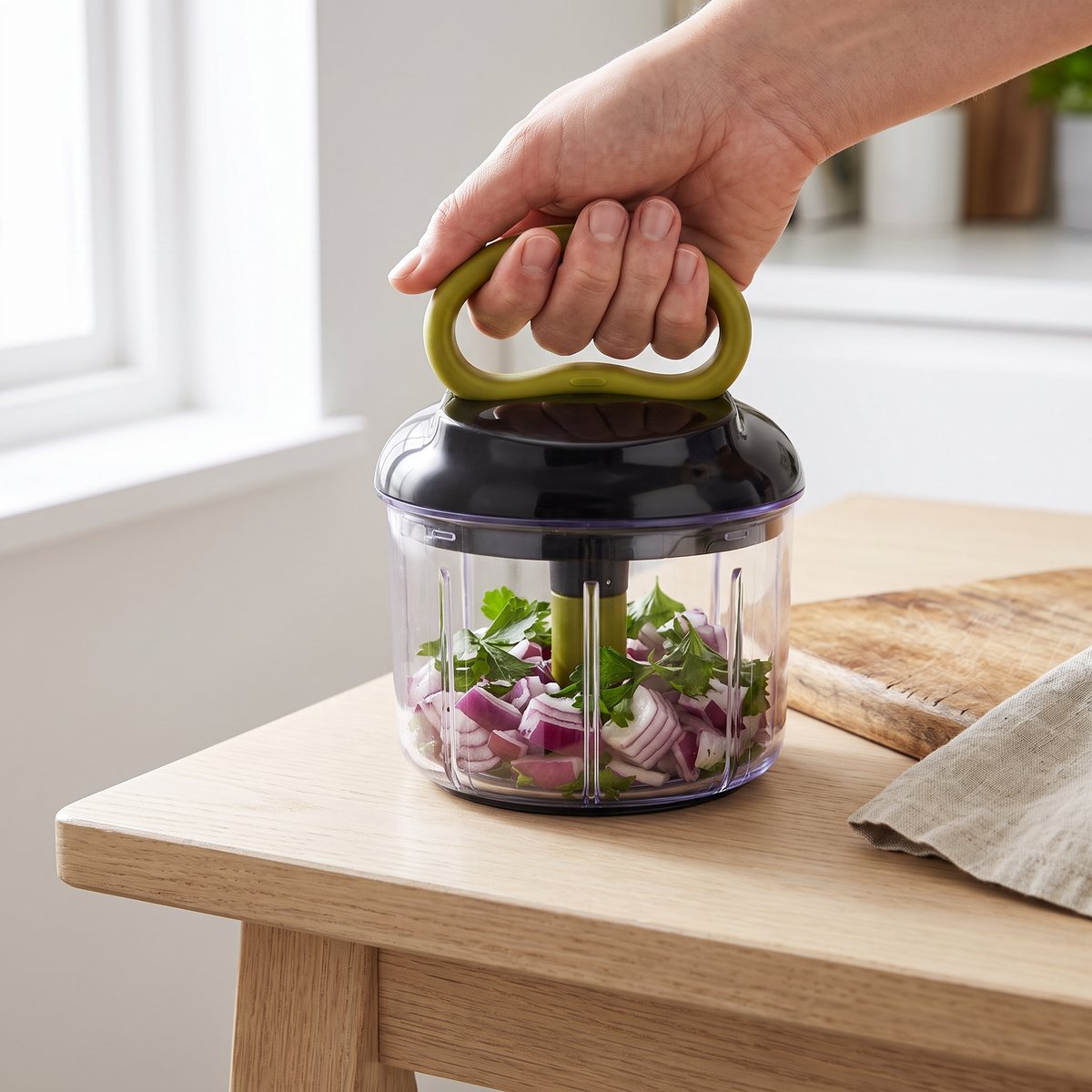 Tefal 5 Sec Chopper 900 ml på ett ekbord i ett svenskt hem med hackad lök och persilja