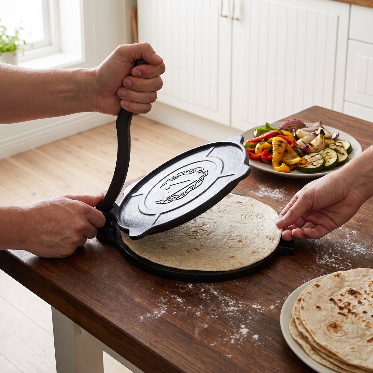 Stor svart gjutjärnspress öppnas över en nypressad vetetortilla på ett mörkt träbord i ett svenskt hem