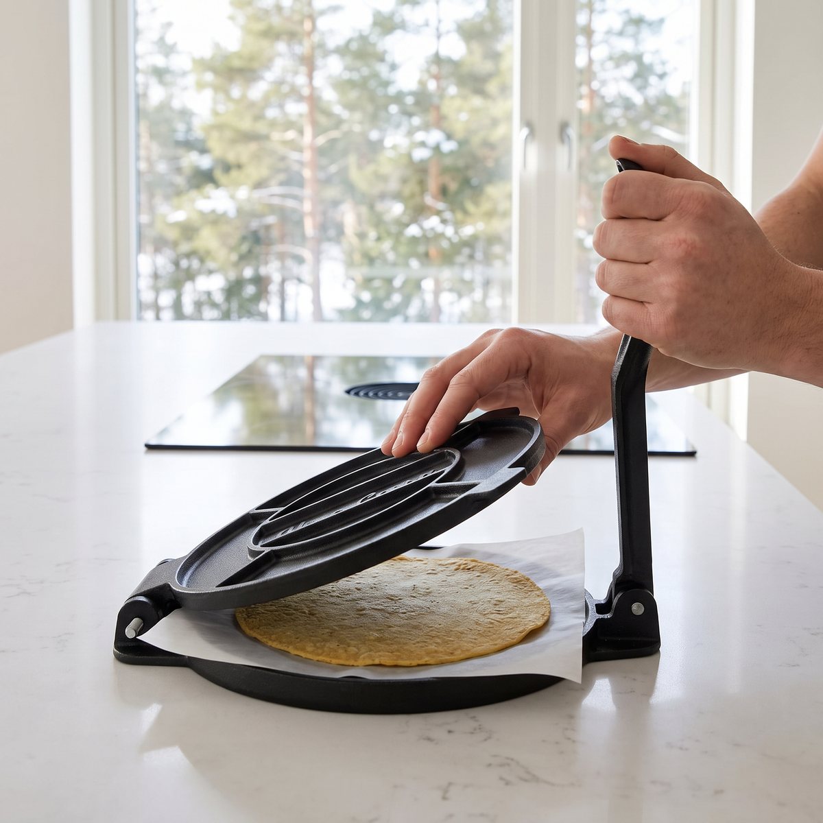 Svart gjutjärnspress öppnas för att lyfta ut en tortilla från bakplåtspapper vid ett fönster mot tallskog