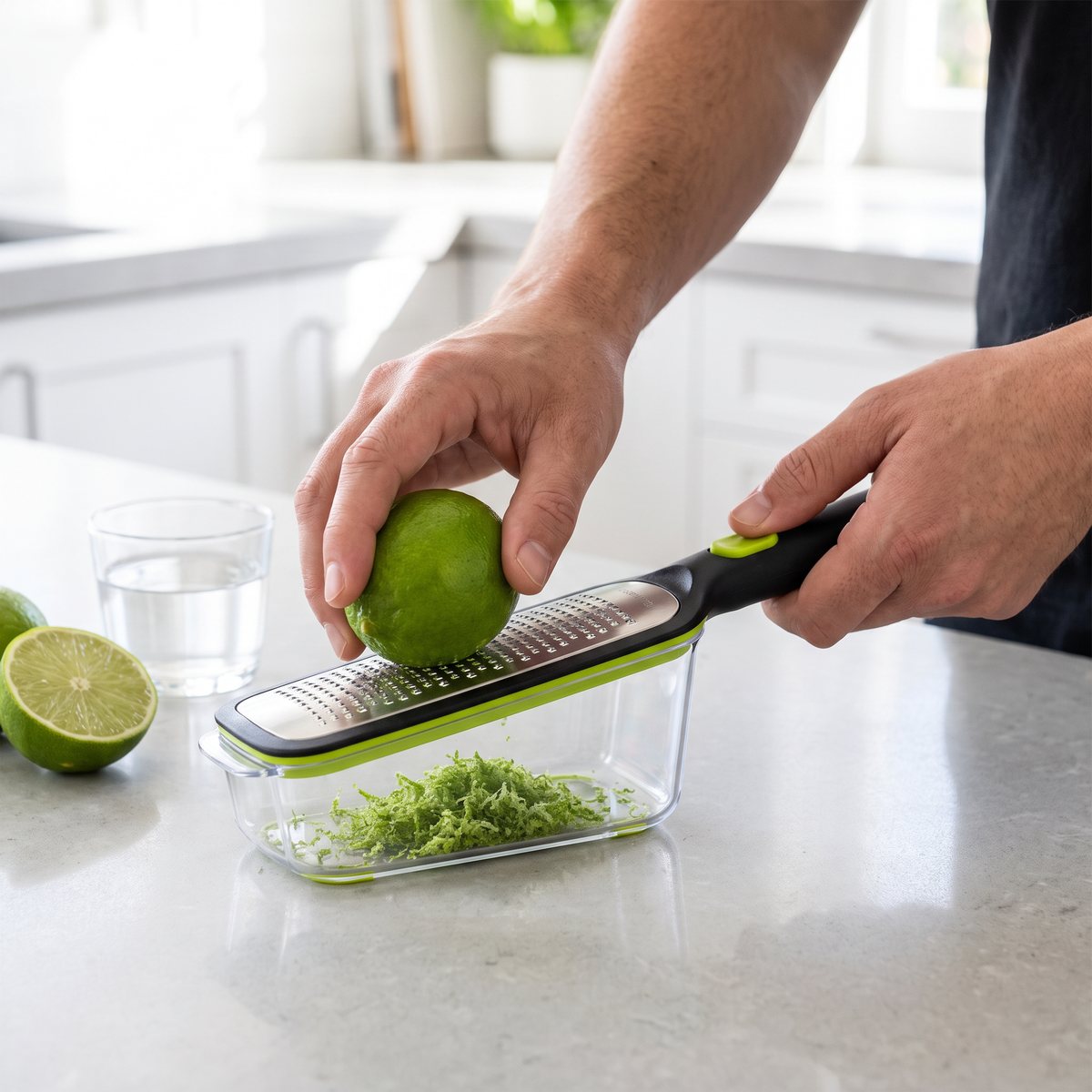 Dreamfarm Ozest Fine som river lime med limezest samlad i det genomskinliga locket på en ljusgrå stenbänk i ett svenskt kök