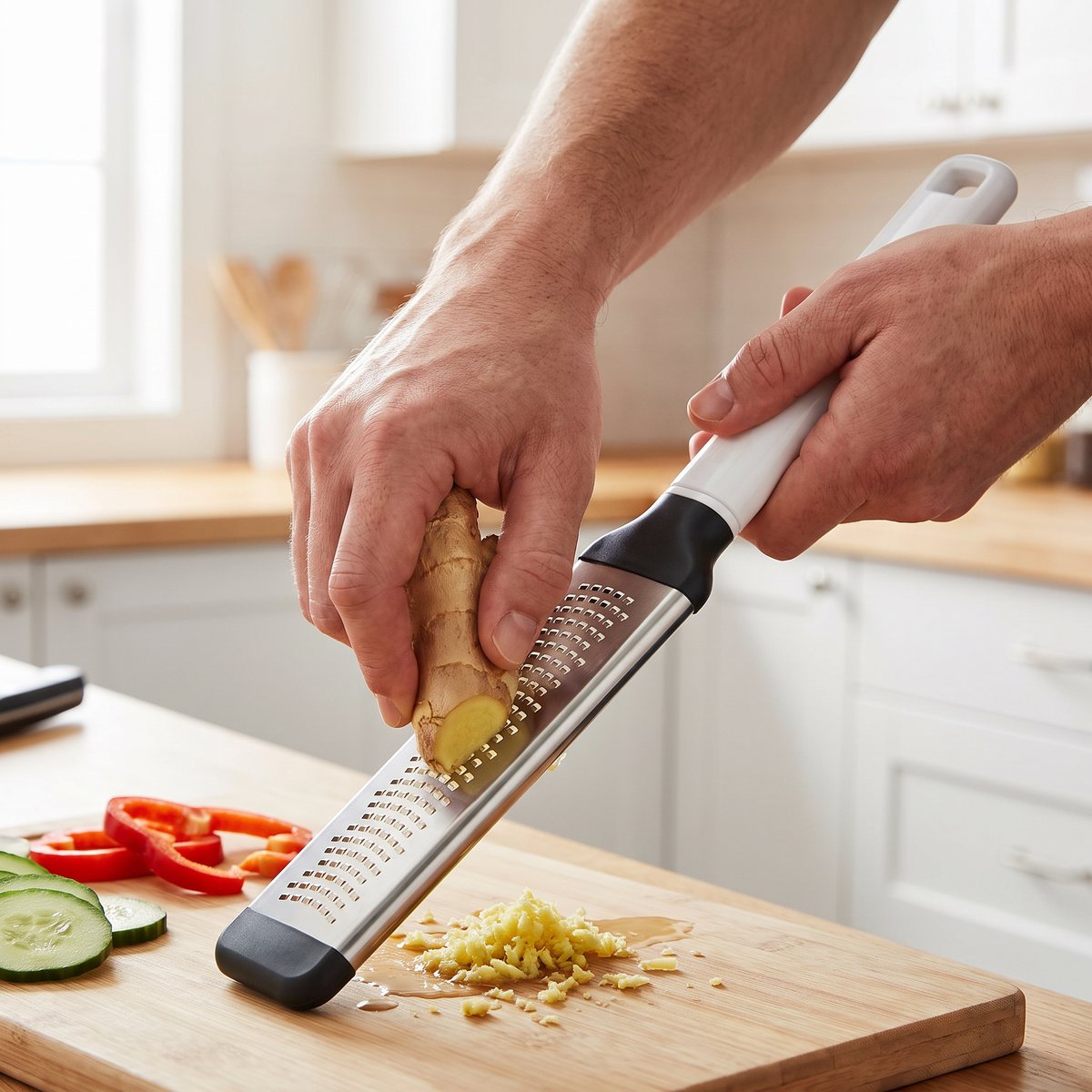 Kitchenaid Classic zestjärn med vitt handtag som river färsk ingefära med foten mot en skärbräda i ett ljust svenskt kök