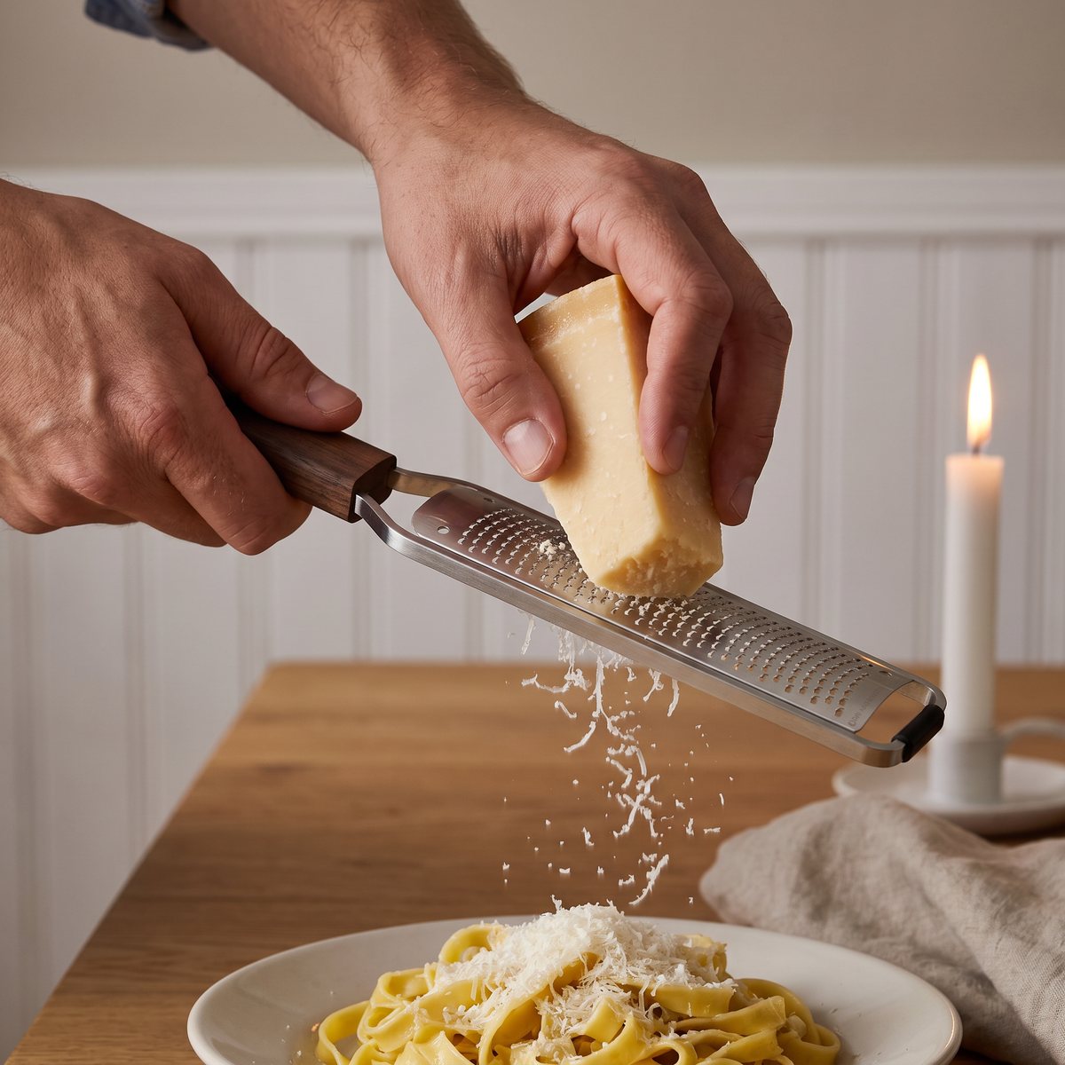Microplane Master zestjärn med valnötshandtag som river parmesan över en tallrik tagliatelle vid ett levande ljus i ett svenskt hem