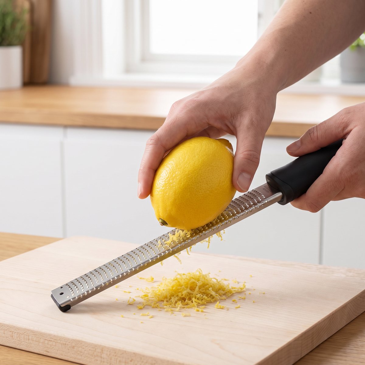 Microplane Premium Classic zestjärn med svart handtag som river citronskal mot en ljus skärbräda i ett ljust svenskt kök