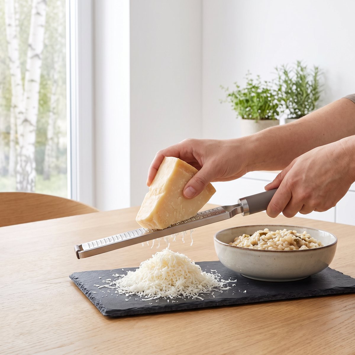 Zwilling Pro zestjärn som river hårdost till en hög på en skifferbricka bredvid risotto vid ett fönster med björkar utanför