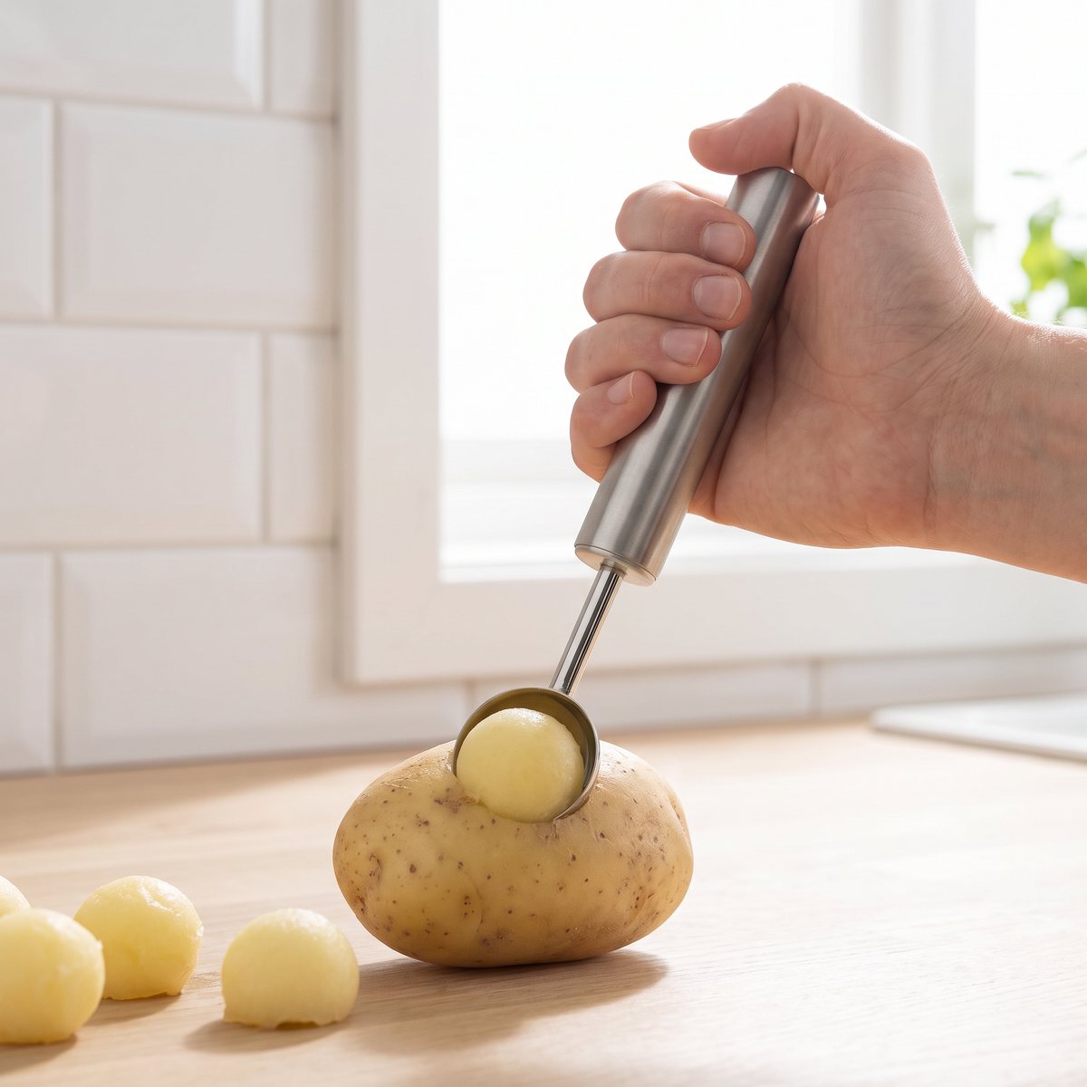 Brabantia Profile melonskopa som tar en kula ur en rå potatis på en köksbänk i ett svenskt kök