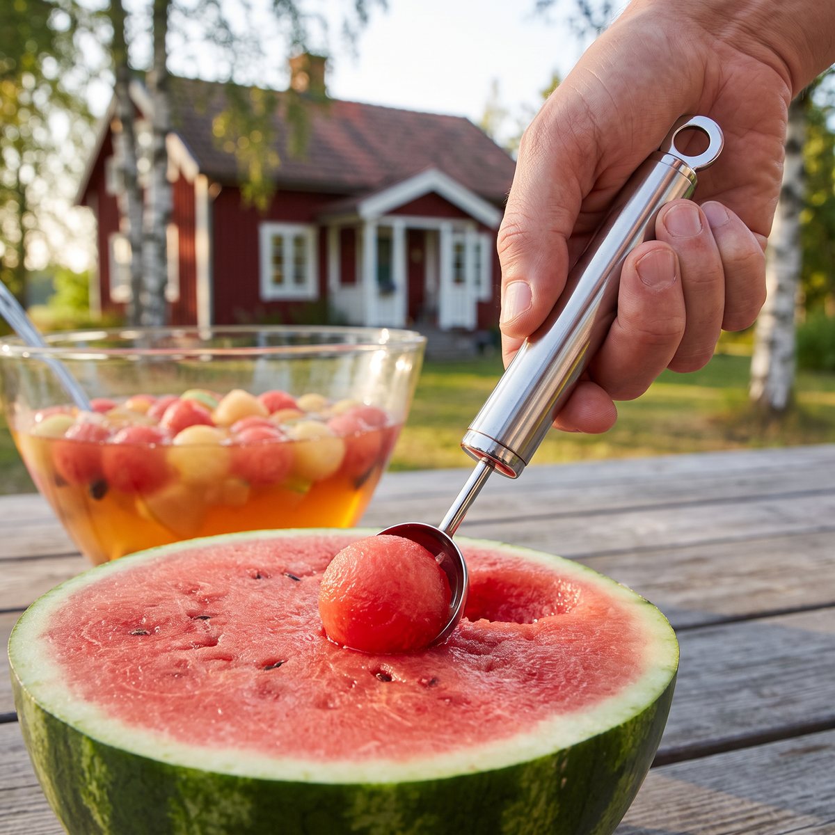 Rösle kuljärn i rostfritt stål som tar en kula ur en vattenmelon vid en röd stuga på en svensk altan