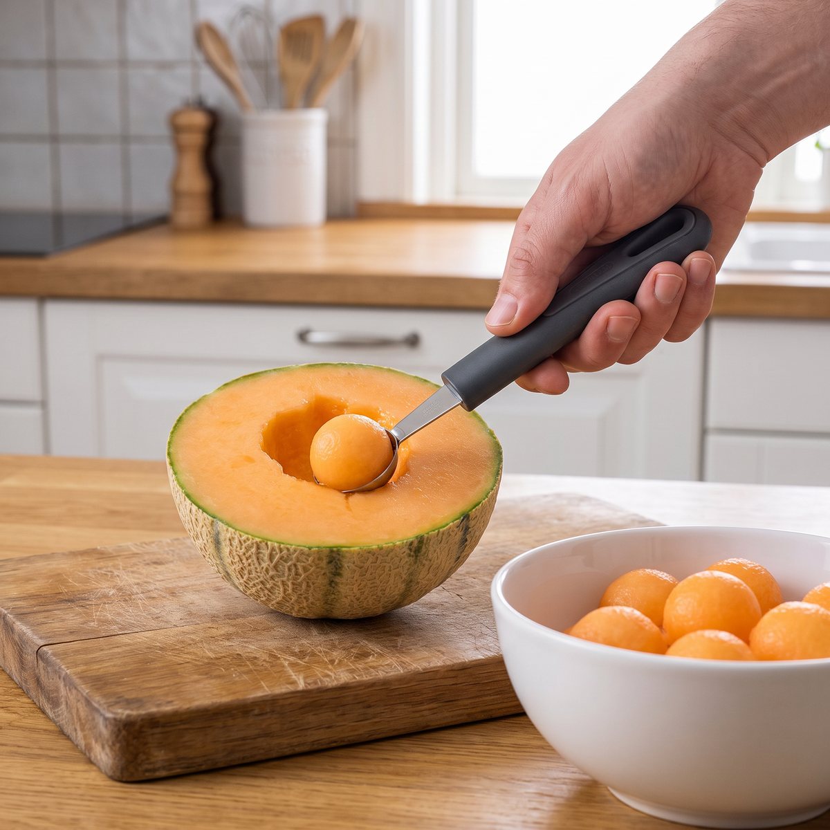 Westmark Gentle kuljärn med mörkgrått skaft som tar kulor ur en halv cantaloupemelon i ett svenskt kök