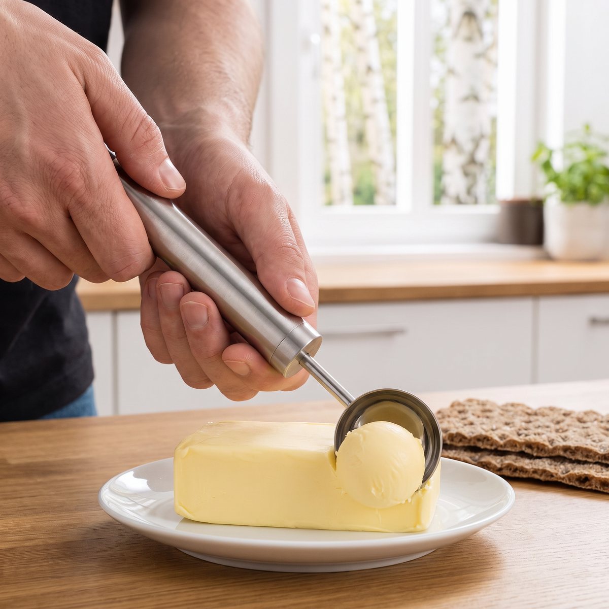 Zwilling Pro kuljärn som tar en kula smör ur en smörklump i ett ljust svenskt kök