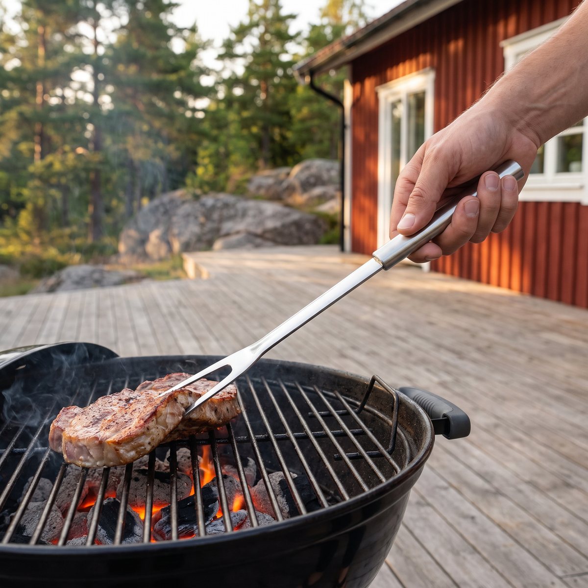 Brabantia Profile stekgaffel vänder fläskkarré på en kolgrill på altanen vid en röd stuga bland tallar