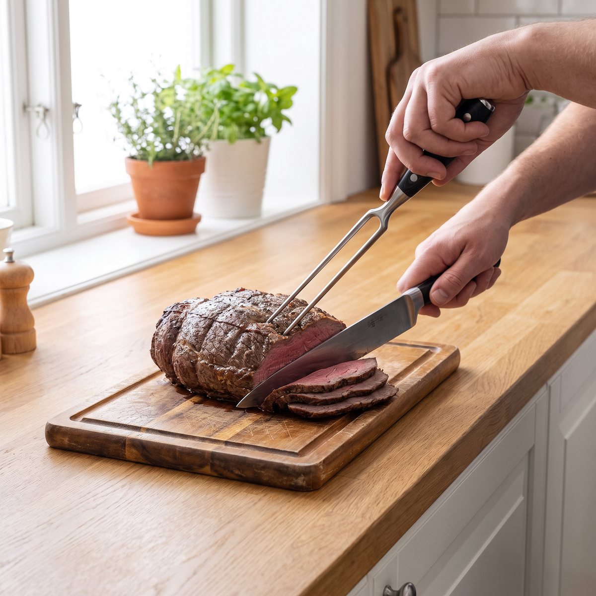Ronneby Bruk Inox Micarta stekgaffel håller en nystekt stek på en skärbräda medan den skivas i ett ljust svenskt kök med träbänk och vita luckor