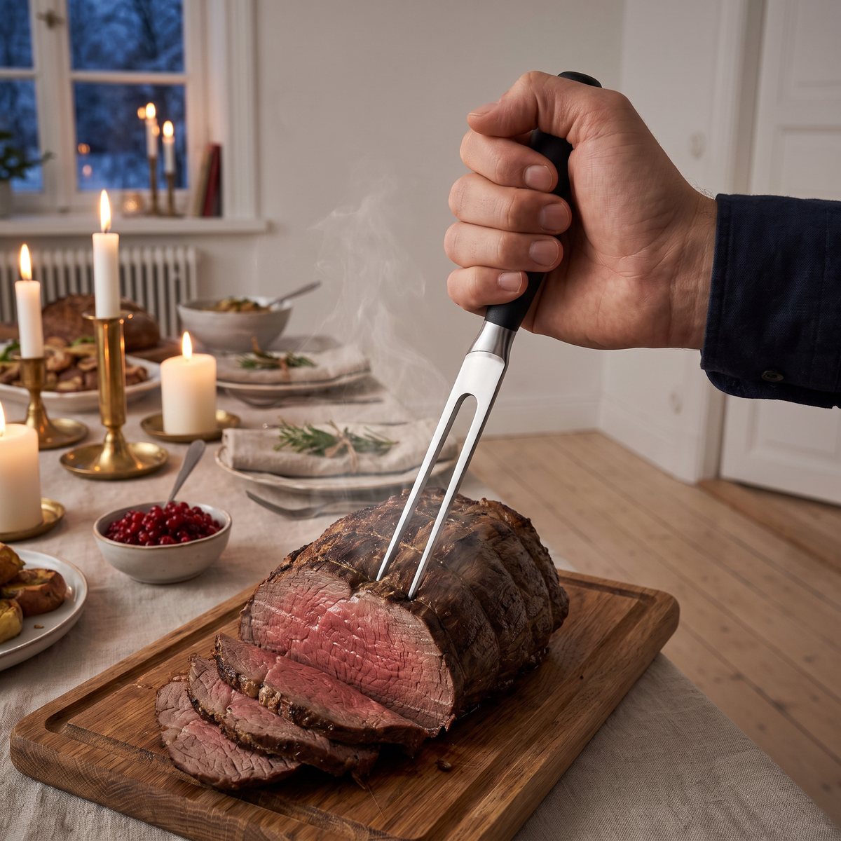 Zwilling Four Star köttgaffel håller en rostbiff på en skärbräda vid ett dukat julbord med levande ljus