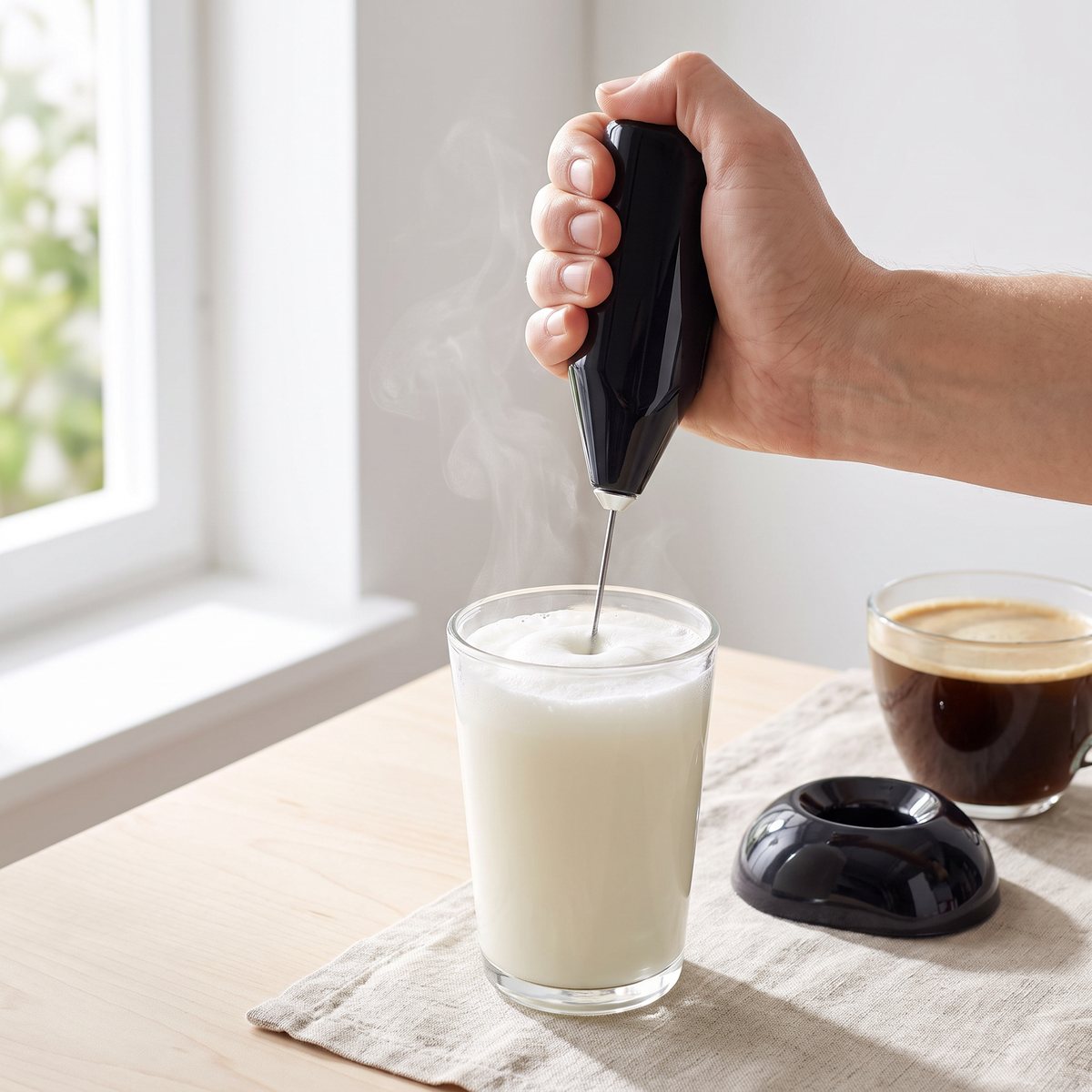 Aerolatte mjölkskummare i svart som skummar mjölk i ett glas vid ett björkbord i ett ljust svenskt hem