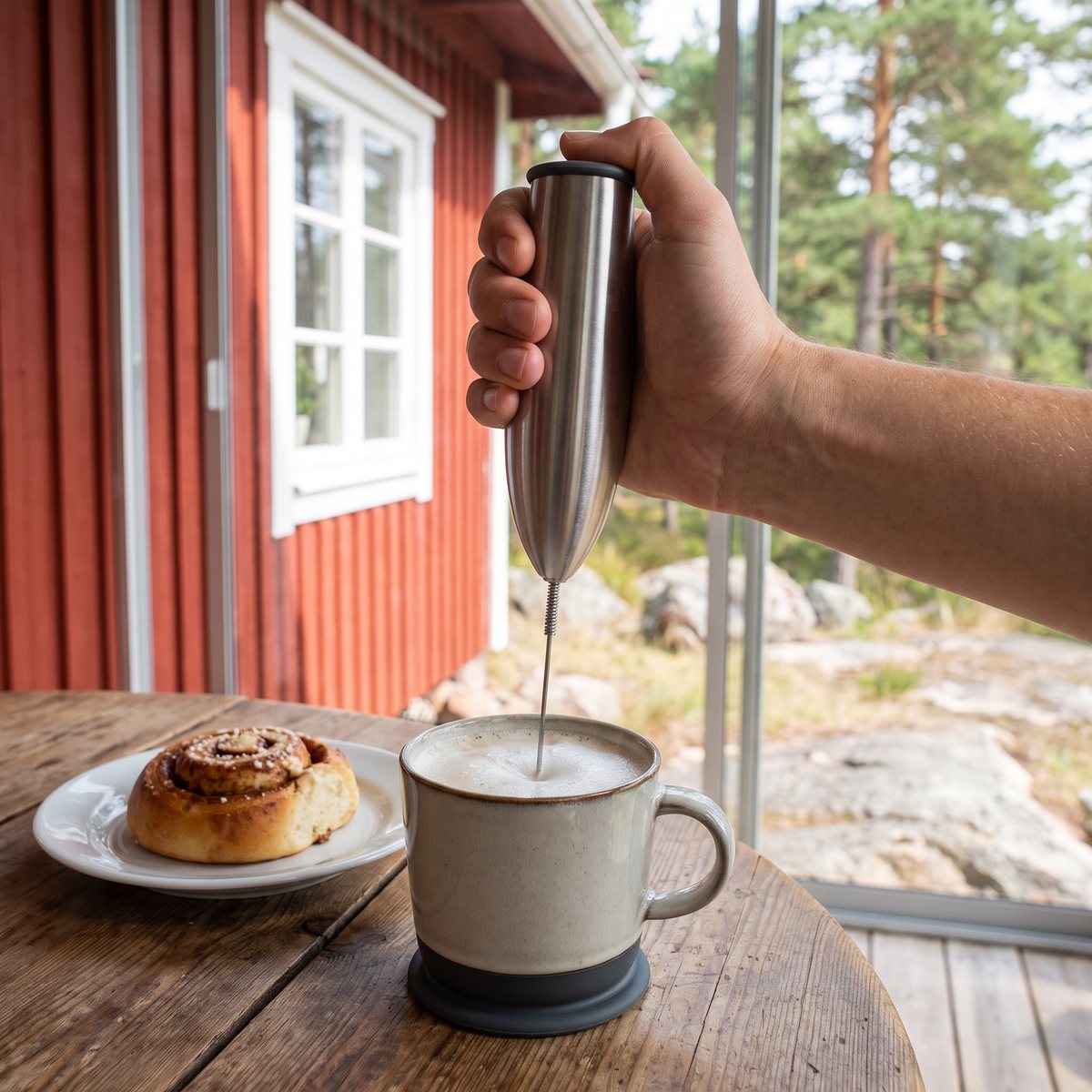 Bodum Schiuma i krom som skummar mjölk i en keramikmugg på ett träbord i en svensk röd stuga